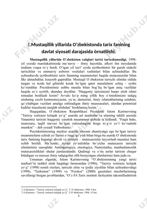 isida” gi o`zbekiston respublikasi vazirlar mahkamasining qaroridan (1998) so`ng tarix fani davlat siyosati darajasida ko`tarildi. natijada, nafaqat respublikamizda milliy qadriyatlarini tiklash, necha ming yillik ma`naviy – ma`rifiy merosni asrab – avaylash, mustamlakachilik davrida chetga olib chiqib ketilgan madaniy yodgorliklarni aniqlash va uyrtimizga qaytarish borasida ko`plab xayrli shilar amalga oshirila boshladi. bu shiga xorijda yashayotgan hamuyrtlarimiz ham o`z hissalarini qo`shmoqdalar. xususan, turkiyada istikomat qilayotgan bir guruh vatandoshlarimiz ulug` bobokalonimiz hazrat alisher navoiyning “xazoyinul - maoniy” majmuasining o`tgan asrning yigirmanchi yillarida o`zbekistondan olib chiqib ketilgan qo`lyozma nusxasini prezident islom karimov uyborishdi. mamlakat prezidenti bu benazir “ma`nolar xazinasi” asarini she`riyat mulki sultonining ramziy uyi – alisher navoiy nomidagi davlat adabiyot muzeyiga tuxfa etdi. mazkur qo`lyozma xviii asrda samarqandda usta bobojon o`g`li mulla muqimjon samarqandiy ismli xattot tononidan ko`chirilgan. bunaqangi nodir qo`lyozma, arxiv hujjatlari ham chet elda ko`p bo`lib ularni qaytarish yoki nusxa olish burch va vazifamizdir.mustaqillikka erishganimizdan so’ng haqqoniy tarixni o’rganish, tarixiy asarlarni …