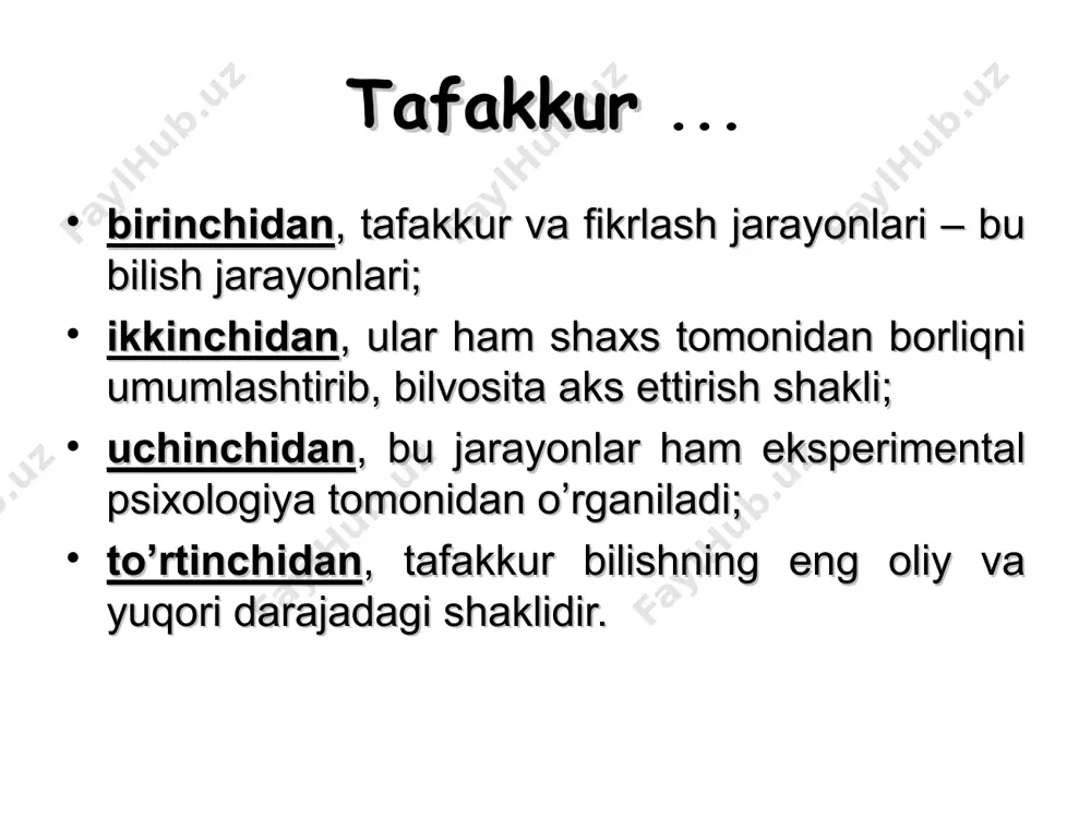 o’lib ket-e”, deb ham qo’yishadi. chunki ular o’zlarigacha bo’lgan bilimlar, mantiqiy fikrlash borasidagi yutuqlarga tayanib, doimo to’g’ri gapirishga, doimo fikrlarini mantiqan asoslash – argumentatsiya qilishga harakat qiladilar. tafakkur qilish jarayonining mahsullari tafakkur qilish tishunchalar xulosalar hukmlar hukm 1- hukm: o’zbekiston – mustaqil davlat. 2-hukm: qirg’iziston – mustaqil davlat. 3-hukm: qozog’iston – mustaqil davlat. 4-hukm: turkmaniston – mustaqil davlat. 5-hukm : tojikiston – mustaqil davlat. demak, barcha markaziy osiyo davlatlari – mustaqildir. fikrlash jarayonini ta’minlovchi operatsiyalar klassifikatsiyasi fikrlash jarayonini ta’minlovchi operatsiyalar klassifikatsiyasi analiz (fikran narsa va hodisalarga taalluqli sifat va xususiyatlarni alohida qilib ajratish, tahlil qilish) 1 2 sintez (analiz jarayonida ajratilgan qismlarni yana fikran birlashtirish, qo’shish) 3 mavhumlashtirish (alohida biror xususiyatni ajratib, boshqa- laridan fikrni chalg’itish, ayrim xossani mavhumlashtirish) 4 taqqoslash (predmetlar va ularga xos bo’lgan xususiyatlarni fikran bir-biriga solishtirish, umumiy va farq qiluvchi jihatlarini topish) umumlashtirish (umumiy va muhim sifatlariga ko’ra predmetlarni guruhlashtirish, umumiylashtirish) 5 ma’mulotning anglanganligi i p …