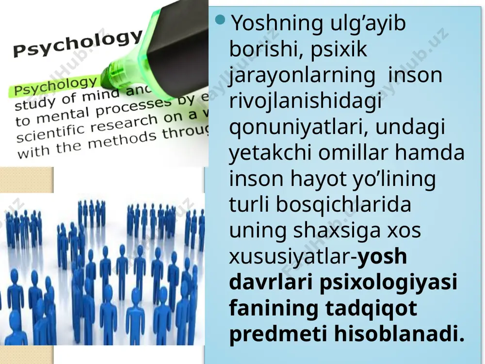oblanadi. shveysariyalik psixolog j.piaje (1896—1980) insonning kamol topishini bir necha davrlarga ajratib o’rganishni tavsiya qiladi: bola — tashqi muhit - ma’lumotlarni qayta ishlash. 2. tafakkur: a) ijtimoiy davrgacha; b) ijtimoiy davr. intellekt (aql): a) sensomotor — 2 yoshgacha; b) operatsional davrgacha — 2— 7(8); v) yaqqol operatsiya davri — 7(8) —11(12) yoshgacha; g) rasman (formal) operatsiya davri —11(12) —15 yoshgacha. shu tariqa ontogenez psixologiyasi fani qator rivojlanish bosqichlaridan o’tib, bugungi darajasiga erishdi. uning rivojlanishiga o’rta osiyo allomalari, yaqin va uzoq chet ellar psixologlari munosib hissalarini qo’shdilar. yuqorida aytilgan nazariyalar, amaliy va ilmiy ma’lumotlar, tadqiqotchilar yaratgan metodikalar o’z ahamiyatini saqlab kelmoqda. shunday qilib, ontogenez psixologiyasi fanini o’rganish ham nazariy, ham amaliy ahamiyatga ega. u ham boshqa fanlar qatorida rivojlandi, bunda eksperimental biologiya va genetika, meditsina, sotsiologiya kabi fanlarning xizmati kattadir. image2.jpeg image3.png image4.jpeg image5.jpeg image6.jpeg image7.jpeg image8.jpeg image9.jpeg image10.jpeg image11.jpeg image12.jpeg image13.jpeg image14.jpeg image15.jpeg image16.jpeg image17.jpeg image18.jpeg image19.jpeg image20.jpeg image21.jpeg image22.jpeg …