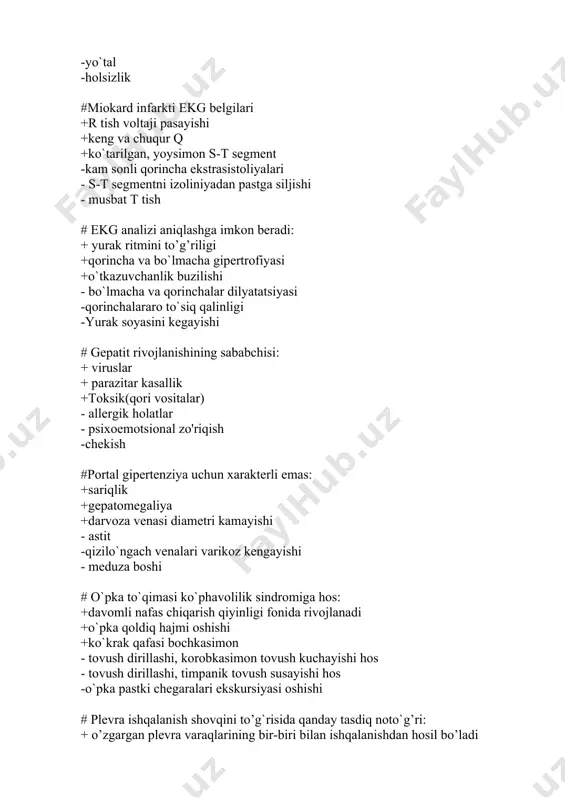 arish qiyinligi fonida rivojlanadi +o`pka qoldiq hajmi oshishi +ko`krak qafasi bochkasimon - tovush dirillashi, korobkasimon tovush kuchayishi hos - tovush dirillashi, timpanik tovush susayishi hos -o`pka pastki chegaralari ekskursiyasi oshishi # plevra ishqalanish shovqini to’g`risida qanday tasdiq noto`g’ri: + o’zgargan plevra varaqlarining bir-biri bilan ishqalanishdan hosil bo’ladi +nafas olish va chiqarishda bir xil eshitiladi + yo’taldan so’ng o’zgarmaydi - faqat nafas chiqarganda eshitiladi - eksudativ plevritda paydo bo'ladi - yo’talda o’zgaradi # plevra bo’shlig’ida suyuqlik to’planishiga nima harakterli: +hansirash + perkutor tovushni birdan bo’g’iqlashishi + tovush titrashi susaygan -bronxofoniya kuchayishi -nam hirillashlar - bronxial nafas #qaysi belgilar bemorda revmatizm borligini birmuncha aniq ko’rsatadi: +tez-tez angina +anamnezda poliartrit +mitral stenoz borligi -giperxrom anemiya - bo’g’imlarni deformatsiyasi -ertalabki karahtlik #o'tkir revmatik isitma belgilari: +kardit +isitma +poliartrit - stenokardiya -bo'g’imlarni deformatsiyasi -ertalabki karahtlik #o'tkir revmatik isitma laborator belgilari: +soe oshishi +qonda a- va u-globulinlar oshishi +qonda antispreptokokk at titri oshishi - trombotsitopeniya - …