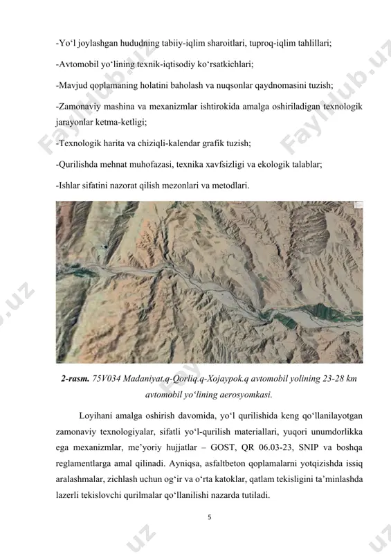 h — hudud aholisi salomatligi va tabiat muhofazasi uchun muhimdir. mazkur yo‘l qismini ta’mirlash ishlari surxondaryo viloyatining qurg‘oqchil, issiq iqlimi, kam yog‘ingarchilik, qumoq gruntlar, suv oqimining notekis taqsimlanishi kabi tabiiy omillarni chuqur hisobga olgan holda tashkil etilishi lozim. bu esa loyiha muvaffaqiyatining asosi hisoblanadi. 1.2.avtomobil yо‘lining texnik-iqtisodiy kоʼrsatkichlari mazkur bitiruv malakaviy ishning asosiy obyekti bo‘lgan 75v034 “madaniyat – qorliq – xo‘jaypok” avtomobil yo‘lining 23–28 km oralig‘i viloyat va tuman ahamiyatiga ega bo‘lgan muhim yo‘l tarmog‘i hisoblanadi. yo‘l surxondaryo viloyati oltinsoy tumanidagi aholi punktlarini bir-biriga bog‘laydi va ijtimoiy-iqtisodiy faollikni ta’minlaydi. bu yo‘l orqali nafaqat aholining kundalik transport ehtiyoji qondiriladi, balki mahsulotlar bozorlarga yetkaziladi, tibbiy, ta’lim va boshqa xizmatlar ham ta’minlanadi. yo‘l toifasi va harakat intensivligi ushbu yo‘l iv texnik toifadagi avtomobil yo‘li hisoblanadi. bu toifadagi yo‘llar quyidagi xususiyatlarga ega: 1.1 jadval № ko‘rsatkichlar nomi o‘lchov birligi qiymati 1. yo‘lning toifasi iv 2. xarakat tasmasining soni, ta 2 3. xarakat tasmasining kengligi …