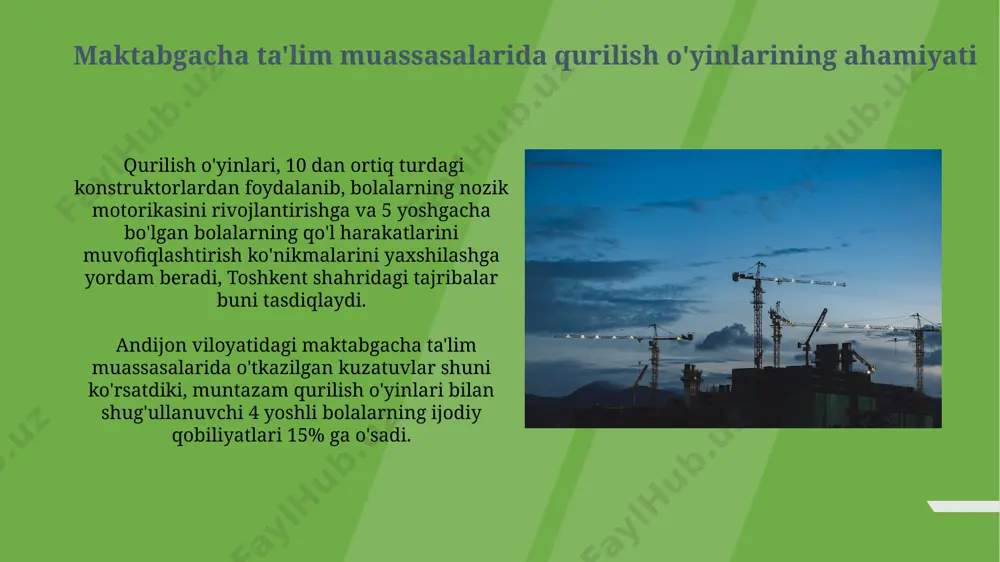 n, 50 dan ortiq yirik detallarga ega boʻlgan lego duplo toʻplamlari, bolalarning katta hajmli inshootlar yaratish imkoniyatini beradi, bu esa ularning fazoviy tasavvurini va muhandislik qobiliyatlarini rivojlantiradi. samarqanddagi bir nechta bolalar bogʻchasida shunday konstruktorlardan foydalaniladi. 2-3 yoshli bolalar uchun moʻljallangan katta hajmdagi konstruktorlar, odatda, yorqin ranglarda va sodda geometrik shakllarda boʻladi, bu esa ularning ranglarni farqlash va shakllarni tanib olish koʻnikmalarini oshiradi. taxminan 100 ta detalga ega bo'lgan bunday to'plamlar toshkentdagi rivojlanish markazlarida keng qo'llaniladi. qurilish o'yinlarining bolalar rivojlanishiga ta'siri toshkentdagi tadqiqotlar shuni ko'rsatdiki, 6 yoshgacha bo'lgan bolalarda qurilish bloklari bilan o'ynash fazoviy tafakkurini 15% ga rivojlantiradi va 3d modellashtirishga bo'lgan qiziqishni oshiradi. qurilish o'yinlari, 3-5 yoshli bolalarning samarqanddagi maktabgacha ta'lim muassasalarida o'tkazilgan kuzatuvlarga ko'ra, nozik motorikasi rivojlanishini 20% ga yaxshilaydi va muammolarni echish qobiliyatini oshiradi. oddiy qurilish materiallari bilan qurilish o'zbekistonning 3 yoshdan 5 yoshgacha bo'lgan bolalar bog'chalarida 20 dan ortiq turdagi oddiy qurilish materiallaridan (masalan, kublar, tayoqchalar, konuslar) …