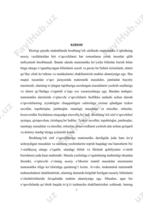 masalalar, jumladan hayotiy mazmunli, ularning to‘plagan tajribasiga asoslangan masalalarni yechish usullariga va ularni qo‘llashga o‘rgatish o‘ziga xos xususiyatlarga ega. bundan tashqari, matematika darslarida o‘qituvchi o‘quvchilarni faollikka undashi uchun darsda o‘quvchilarning ziyrakligini chaqqonligini oshirishga xizmat qiladigan tezkor savollar, topshiriqlar, jumboqlar, mantiqiy masalalar va misollar, rebuslar, krossvordlar foydalansa maqsadga muvofiq bo‘ladi. boshlang‘ich sinf o‘quvchilari ayniqsa, qiziquvchan, tirishqoq bo‘ladilar. tezkor savollar, topshiriqlar, jumboqlar, mantiqiy masalalar va misollar, rebuslar, krossvordlarni yechish ular uchun qiziqarli va doimiy mashg‘ulotga aylanishi kerak. boshlang‘ich sinf o‘quvchilariga matematika darsligida juda ham ko‘p uchraydigan masalalar va ularning yechimlarini topish haqidagi ma’lumotlarni biz 1-sinfdayoq ularga o‘rgatib, ulardagi bilish va fikrlash qobiliyatini o‘stirib borishimiz juda ham muhimdir. masala yechishga o‘rgatishning muhimligi shundan iboratki, o‘qituvchi o‘zining asosiy e’tiborini matnli masalalar mazmunini matematika tiliga ko‘chirishga qaratmog‘i lozim. avvalo, mukammal matematik tushunchalarni shakllantirish, ularning dasturda belgilab berilgan nazariy bilimlarni o‘zlashtirishlarida favqulodda muhim ahamiyatga ega. masalan, agar biz o‘quvchilarda qo‘shish haqida to‘g‘ri tushuncha shakllantirishni xohlasak, buning …