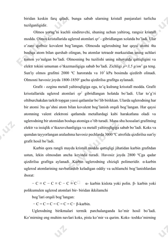 lamchi bog’lari orqali bog’langan: − c = c = c = c = c = c− β-karbin. uglerodning birikmalari termik parchalanganda ko’mir hosil bo’ladi. ko’mirning eng muhim navlari koks, pista ko’mir va qurim. koks- toshko’mirning havosiz joyda qizdirib olinadi. pista ko’mir yog’ochni havosiz joyda qizdirilganda hosil bo’ladi. qurum tabiiy gazni cheklangan miqdordagi havoda yondirish orqali olinadi. uglerodning barcha allotropik shakl o’zgarishlari hech qanday erituvchida erimaydi, faqat kuchli oksidlovchilar bilan reaksiyaga kirishadi. 2.uglerodning kimyoviy hossalari. karbonat kislota tuzlari uglerod odatdagi haroratda ftor bilan, qizdirilganda esa xlor bilan, yuqoriroq haroratda oltingugurt va azot bilan reaksiyaga kirishib, uglerod to’rt- ftoridni, uglerod to’rt- xloridni, uglerod sulfidni va ditsianlarni hosil qiladi: c +2f2 = cf4 (gaz); c +2cl2 t↦ccl4 (suyuqlik); 4c + s8 = 4cs2(suyuqlik); 2с + n2 = c2n2 (zaharli). ditsian h2, cl2 va ishqorlar bilan odatdagi sharoitda juda oson reaksiyaga kirishib, sianid kislota birikmalarini hosil qiladi: c2n2 + h2 → 2 hcn tsian …