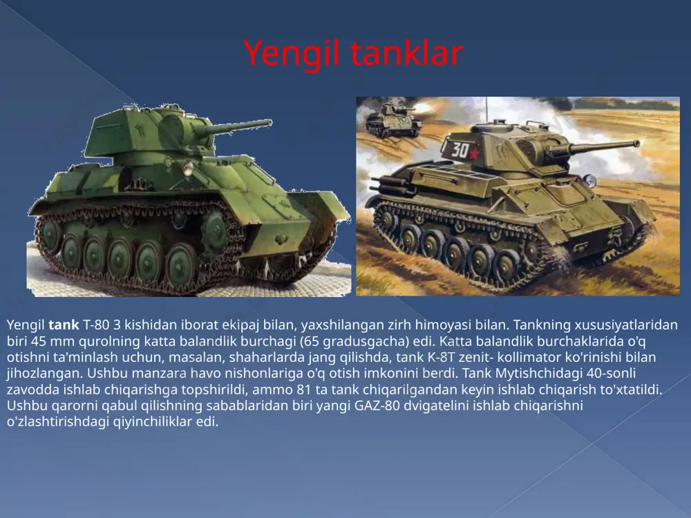 raketaga qarshi zirh nafaqat katta qalinlikdagi rulonli zirhli plitalardan foydalanish, balki ularning oqilona moyilligi bilan ham ta'minlanadi. o'rta tank t-44 sovet zirhli texnikasining dushmanning tegishli mashinalaridan sifat jihatidan ustunligi, asosan, tank konstruktorlik byurolarining yangi turdagi qurollarni yaratish bo'yicha uzluksiz ishlashi tufayli ta'minlandi. ushbu yangi mahsulotlardan biri 1944 yilda foydalanishga qabul qilingan t-44 o'rta tanki edi. klassik sxemani saqlab qolgan holda, dizaynerlar dizel dvigatelini tankning bo'ylama o'qi bo'ylab joylashtirishga muvaffaq bo'lishdi. o'rta tank t-28 t-28 tanki qizil armiya tomonidan 1933 yil avgust oyida foydalanishga qabul qilingan va 1940 yilgacha leningraddagi kirov zavodida ishlab chiqarilgan. ushbu turdagi mashinalar umumiy qo'mondonlik rezervining tank brigadalariga etkazib berildi, ular kuchli mudofaa chizig'ini yorib o'tish paytida qo'shma qurolli tuzilmalarni mustahkamlash uchun mo'ljallangan. t-28 ning o'ziga xos xususiyati qurolli uchta aylanadigan minoraning mavjudligi edi. og'ir tanklar og'ir tank kv-2 tank 1940 yilda qizil armiya tomonidan foydalanishga qabul qilingan va doimiy otishma nuqtalariga qarshi kurashish uchun mo'ljallangan kv-1 …