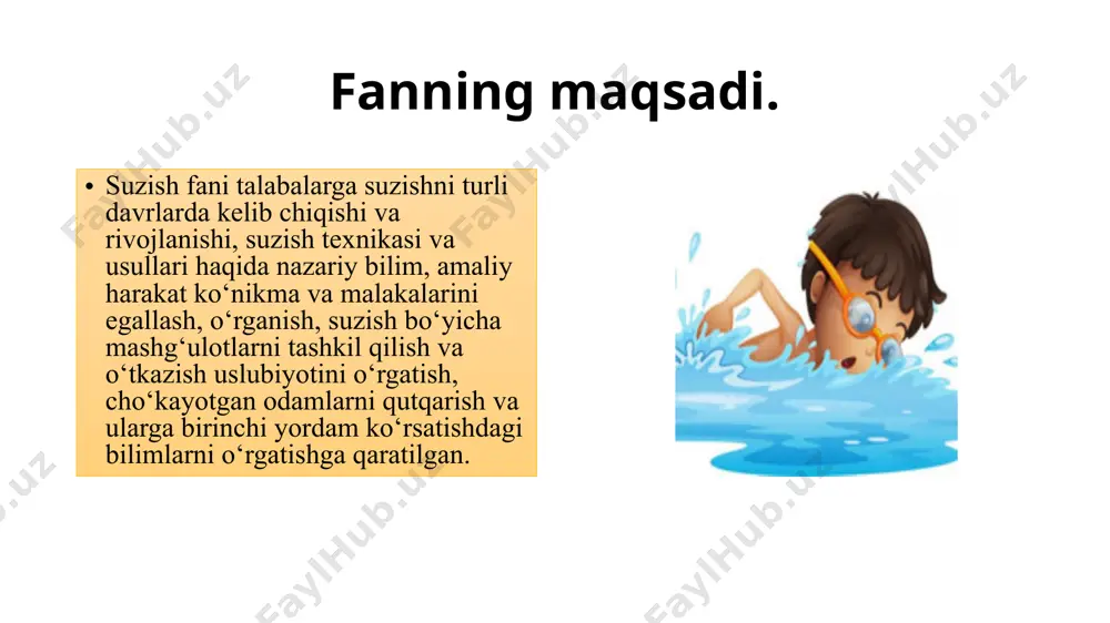 zbekiston respublikasining jismoniy tarbiya tizimida suzishning o‘rni. 4. suzish texnikasining ilmiy-nazariy asoslari. 5. suzish mashg‘ulotlarida mashq qilish va o‘rgatish asoslari. 6. suzishning usullarini o‘rgatish va o‘zlashtirish bo‘yicha tayyorlov mashqlari. 7. suzish texnikasini takomillashtirish va o‘rgatishda maxsus sport mashqlari. 8. ko‘krakda kroll va chalqancha kroll, delfin, brass usulida suzish texnikasini o‘rgatish. 9. suzish mashg‘ulotlarida o‘rgatish metodlari. 10. suzishda startdan chiqish va burilishlarni o‘rgatish. 11.suvda cho‘kayotgan odamga birinchi yordam ko‘rsatish. 12.suzish bo‘yicha musobaqalarni tashkil qilish va o‘tkazish, musobaqa hujjatlari, hakamlik qilish. 13.gidrodinamika gidrostatika haqida umumiy tushunchalar. 14.statik va dinamik suzish. 15.suzish usullarida qo‘l va oyoqlar harakati. 16.cho‘kish haqida tushunchalar. 17.suzish usullarini rivojlanish tarixi. 18.suzish mashg‘ulotida shart - sharoitlar yaratish. 19.buyuk gumanistlar suzish haqida mulohazalari. 20.qadimgi rimda suzishni rivojlanishi. 21.yunonistonda suzishni rivojlanish tarixi. 22.qadimgi rusda suzish. 23.jismoniy sifatlarni rivojlantirishda suzish 24.suzish mashg‘ulotini tashkil qilish va o‘tkazish 25.suzish bo‘yicha musobaqalarni tashkil qilish va o‘tkazish. 8 adabiyotlar m.muxiddinov. shaxmat. toshkent-2007. a.abdullayev, sh.x.xonkeldiyev, jismoniy tarbiya nazariyasi …