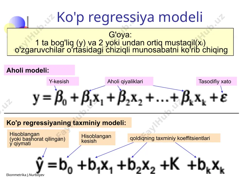 miy ushlab turadi misol: agar b1= -20, keyin (y) sotish narxining har 1 dollarga oshishi uchun haftada taxminan 20 pirogga kamayishi kutiladi (x)1), reklama tufayli yuzaga kelgan o'zgarishlar ta'sirini hisobga olmaganda (x2) y-kesish (b0) barcha xi= 0 bo'lganda y ning taxminiy o'rtacha qiymati (barcha xi= 0 ni hisobga olsak kuzatilgan qiymatlar oralig'ida boladi) ekonmetrika j.nurboyev -24 pirog sotish korrelyatsiya matritsasi narx va sotish : r = -0,44327 a bor orasidagi munosabat narx va sotish reklama va sotish : r = 0,55632 pirog savdosi narxi reklama pirog savdosi 1 narxi -0,44327 1 reklama 0,55632 0,03044 1 ekonmetrika j.nurboyev -25 tarqalish diagrammalari sotish sotish narxi reklama ekonmetrika j.nurboyev -26 bir nechta chiziqli regressiya tenglamasini baholash kompyuter dasturlari odatda ko'p regressiya uchun moslik koeffitsientlari va o'lchovlarini yaratish uchun ishlatiladi excel: asboblar / ma'lumotlarni tahlil qilish... / regressiya minitab: stat/regressiya/regressiya… ekonmetrika j.nurboyev -27 ko'p regressiya chiqishi regressiya statistikasi bir nechta r 0,72213 r kvadrat …