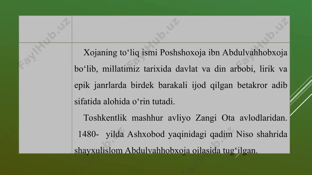 b, she’r ilmini, insho (yozishma san’ati)ni mukammal bilganini xabar qiladi. jumladan, podsholikning chet ellarga jo‘na-tiladigan xatlarini ham ko‘pincha shu kishi yozgan ekan. adabiy merosi. nisoriy uning turkcha va forscha devon tartib qilganini xabar beradi. biroq bu devonlar bizgacha yetib kelgan emas. taqdiri noma’lum. nisoriy keltirgan turkiy va forsiy baytlar, haqiqatan ham, xojaning iste’dodli shoirlardan bo‘lganini ko‘rsatadi. xususan, bir g‘azalini zahiriddin boburga yuborganini va she’r unga ma’qul bo‘lib, maqtaganini qayd etib o‘tadi. mana o‘sha she’r: kunduz avqotim sening hajringda nolon kechadur, kecha ham zulfung kabi holim parishon kechadur. anbarin zulfung xayolidin ko‘zumga, ey pari, yil-u oy-u soat-u kun bori yakson kechadur. ulki, jondin kechadur, sham’i visolingni ko‘rub. vah, na xush vaqt-u na xush soat na oson kechadur. ravshan o‘lg‘ay davlati vaslida hijron oqshomi, gar gunohimdin bilib, ul mohi tobon kechadur. xoja yanglig‘ nola qil, zulfi g‘amidin kechalar kim, mahali nola-vu faryod-u afg‘on kechadur. darhaqiqat, she’r yuksak san’atkorlik bilan yozilgan. shoir so‘zlarning …