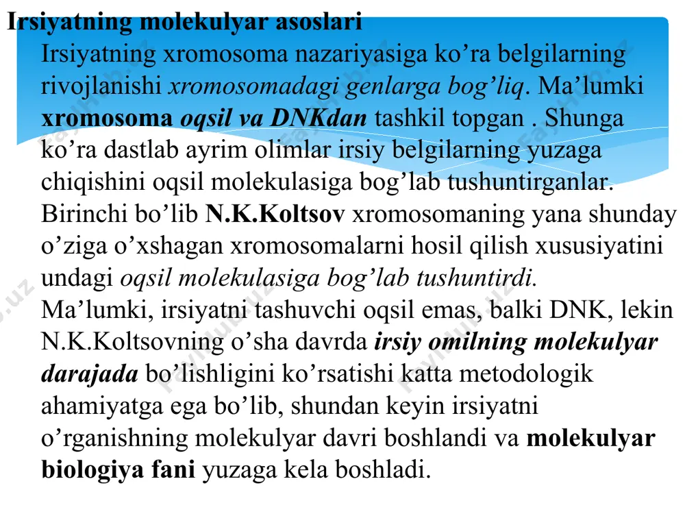 ashkil qilgan ipning har biri polimer boʼlib, undagi bitta nukleotid ikkinchi nukleotid bilan oʼzlaridagi dezoksiriboza bilan fosfor bogʼi orqali birikadi. ikkala ip oʼzaro yana azotli asoslar orqali birikkan boʼladi. dnk zanjirini tashkil qilgan ipning har biri polimer boʼlib, undagi bitta nukleotid ikkinchi nukleotid bilan oʼzlaridagi dezoksiriboza bilan fosfor bogʼi orqali birikadi. ikkala ip oʼzaro yana azotli asoslar orqali birikkan boʼladi. nuklotidlar orasidagi masofa 3,4 а0 ga teng. dnk zanjiri oʼng tomonga aylanasi oʼnta nukleotiddan iborat boʼlib, uzunligi 34 а0ga teng. qoʼsh zanjirning diametri esa 20 а0ga teng, chunki halqasining uzunligi 12 а0ga teng boʼlgan purin asoslari, halqasining uzunligi 8 а 0 boʼlgan pirimidin asoslari bilan birlashadi. dnkning tuzilishi dnk molekulasi murakkab tuzilishga ega, u butun uzunasiga bir – biri bilan vodorod bogʼlari yordamida bogʼlangan spiralsimon oʼralgan qoʼsh zanjirdan iborat. dnk nukleotidlardan iborat boʼlib, uning tarkibiga qand –dezoksiriboza, fosfat qoldigʼi va azotli asoslardan biri – purin(adenin yoki guanin) yoki pirimidin(timin yoki …