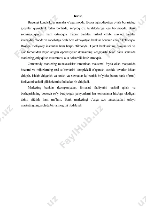 `lmasdi. bozor iqtisodiyoti amal qiladigan mamlakatlarda bank tizimini moslashtirish, xo`jalik faoliyatini keng diversifikatsiya qilish va tarkibiy qayta qurishning asosiy yo`nalishlari shunday. bizning mamlakat uchun bu yo`nalishlar katta qiziqish uyg`otadi, chunki o`zgarayotgan mamlakat iqtisodiyot kredit tizimini qayta qurishni taqozo etadi. hozirgi paytda xalq xo`jaligini rivojlantirish va barqarorlashtirishning asosiy yo`nalishi hisblangan bozor munosabatlariga o`tish birlamchi chora sifatida bank tizimini qayta qurish va moliya tizimini sog`lomlashtirishni nazarda tutadi. shu boisdan moliya bozorini shakllantirish va rivojlantirish obyektiv jarayon hisoblanadi. bu jarayonning qanchalik muvaffaqiyatli amalga oshirilishi, o`tish davri iqtisodiyotida yangi bank tizimining roli qanday ekanligi ko`p jihatdan bank sohasida marketingning rivojlanishi, turli banklar o`rtasida, banklar va mijozlar o`rtasida yuzaga keladigan o`zaro munosabatlar bilan, shuningdek, bank xizmatlari bozorining shakllanishi, foiz siyosati va banklarning boshqa faoliyati bilan belgilanadi. 2. bank marketingi elementlari marketing mazmunini aniqlashtirish uchun xx asrning 30-yillarida iqtisodchi-olimlar tomonidan bir model ishlab chiqilgan. ushbu modelni ingliz iqtisodchisi edjeni makkarti ishlab chiqqan bo`lib, keyinchalik f.kotler va …