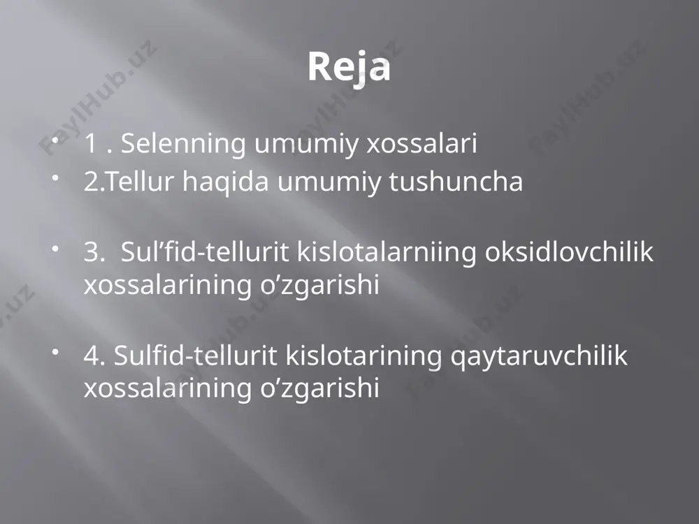 ing analoglari bo'lgan selenidlar va telluridlar hosil qiladi: k2se, k2te. bu tuzlarga suyultirilgan kislota ta'sir ettirib, h2s ning analogi bo'lgan vodorod selenid —h2se va vodorod tellurid —h2te hosil qilinadi. ular suvda erib, h2s dan ko'ra kuchliroq kislotalar hosil qiladi. bu kislotalar h2s ga qaraganda kuchliroq qaytaruvchilar hamdir. tellur (tellurium), te — mendeleyev davriy sistemasining vi guruhiga mansub kimyoviy element. tartib rakami 52; atom massasi 127,60. tellur 8 ta barkaror (massa sonlari 120, 122, 123, 124, 125, 126, 128, 130 boʻlgan) izotopdan iborat. bulardan |28te (31,79%) va 130te (34,48%) keng tarkalgan. uning bir necha sunʼiy radioaktiv izotopi olingan. ulardan |27te va |29te nishonli atomlar holida ishlatiladi. tellur ni dastlab 1782-yilda vengriyalik kon muhandisi tellur myuller fon reyxshteyn oltinli rudani tekshirish natijasida kashf etgan. nemis olimi tellur klaprot 1798-yilda myuller kashfiyotining toʻgʻriligini tasdiqladi va yangi elementga yerni sharaflab "tellur" (lot. tellus — yer) nomini berdi. tellur tarqoq element. yer poʻstining massa jihatidan …