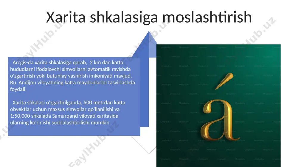 gizni yanada aniq va tushunarli aks ettirishingiz mumkin, masalan, toshkent viloyatidagi ob'ektlar uchun. ranglar va rang sxemalari ranglarning yorqinligi va to'yinganligi ma'lumotlarning ahamiyatini ta'kidlashda muhim rol o'ynaydi. misol uchun, aqshning 10 ta yirik shaharlarining aholisini ko'rsatishda, katta aholi punktlari yorqinroq ranglar bilan belgilanadi. to'g'ri rang sxemasini tanlash ma'lumotlarni vizualizatsiya qilishda juda muhimdir. masalan, qozog'iston xaritasida relyefni aks ettirish uchun 5 darajali jigarrang rang sxemasi samaraliroq bo'ladi. arcgis'da simbologiya tushunchasi simbologiya orqali 256 dan ziyod rang palitrasi va turli xil shakl parametrlaridan foydalanib, ma'lumotlarning vizual ifodasini sezilarli darajada yaxshilash va 3d effektlar qo'shish mumkin. layer'larni boshqarish vositalaridan foydalanib, har bir obyekt uchun noyob simvollarni belgilash orqali, masalan, samarqanddagi tarixiy binolarni 10 ta turli rang bilan ajratib ko'rsatish mumkin. muammolarni bartaraf etish samarqand shahridagi 3 ta turli manbadan olingan maʼlumotlar toʻplamlarida 15% ga yaqin geometrik nomuvofiqliklar aniqlandi, bu esa maʼlumotlarni birlashtirishda muammolar tugʻdiradi. fargʻona vodiysining suv resurslari xaritalarida 70 dan ziyod qatorlarning …