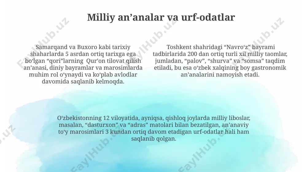 a buxoroda adabiyot va sanʼatning gullab-yashnashi natijasida koʻplab noyob qoʻlyozmalar va kitoblar yaratilgan, bu davrning adabiy merosi bugun ham oʻrganilmoqda. kino va teatr sanʼati toshkentdagi alisher navoiy nomidagi davlat akademik katta teatri 1947-yilda ochilgan boʻlib, unda yiliga 200 dan ortiq spektakllar namoyish etiladi va 1000 dan ziyod aktyorlar faoliyat yuritadi. 1990-yillardan soʻng, oʻzbekistonda 5 dan ortiq xususiy teatrlar paydo boʻldi, ular anʼanaviy va zamonaviy janrlarda, jumladan, 3d texnologiyalaridan foydalangan holda spektakllar qoʻyishadi. oʻzbekiston kino sanoati 1924-yildan boshlab rivojlana boshlagan boʻlib, “oltin merosimiz” va “sayyod” kabi milliy qadriyatlarni aks ettiruvchi filmlar samarkand va buxoro kabi tarixiy shaharlarni suratga olish orqali yaratilgan. zamonaviy oʻzbekiston madaniyati oʻzbekistonning 12 ta viloyatida 300 dan ziyod madaniyat uylari faoliyat yuritmoqda, ular milliy raqslar, musiqa va teatr sanʼatining turli janrlarini rivojlantirishga hissa qoʻshmoqda. 2017-yildan beri samarqand va buxoroda 10 dan ortiq xalqaro kino festivallari oʻtkazilib, jahon kinosining eng yaxshi namunasini oʻzbek tomoshabinlariga taqdim etmoqda. zamonaviy oʻzbekiston madaniyatida …