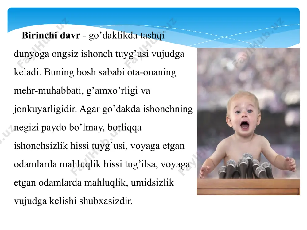 i. salbiy xususiyat sifatida esa hayot faoliyatidan noumidliylik, ko’�ngil sovush tuyg�’ularini aytish mumkin. donolik, soflik, gunohlardan forig’� bo�’lish har bir holatga shaxsiy va umumiy nuqtai nazardan qarash bu yoshdagi odamlarga xos eng muhim jihatlardir. e.shpranger �o�’spirinlik davri psixolgiyasi� nomli asarida bu davrga 13-19 yoshli qizlarni, 14-22 yoshdagi yigitlarni kiritishni tavsiya qiladi. uningcha, bu yosh davrida yu�z beradigan asosiy o’�zgarishlar: shaxsiy �men�ni kashf qilish; refleksiyaning o�sishi; o’�zining individualligini anglash va shaxsiy xususiyatlarini e�tirof qilish; hayotiy ezgu rejalarining paydo bo�lishi; o’�z shaxsiy turmishini ongli holda qurishga intilish va xokazolar. 14-17 yoshlarda vujudga keladigan inqiroz o�’smirlarda o’�zlariga kattalarning bolalarcha munosabati doirasidan qutilish tuyg’�usi paydo bo’�lishidan iboratdir. 17-21 yoshlilarning yana bir xususiyati ularda tengqurlaridan �ajralish� inqirozi va tanholik istagining paydo bo’�lishidir. bu holat tarixiy shart-sharoitlardan kelib chiqadi. e’tiboringiz uchun rahmat image2.jpg image3.jpg image4.jpg image5.jpeg