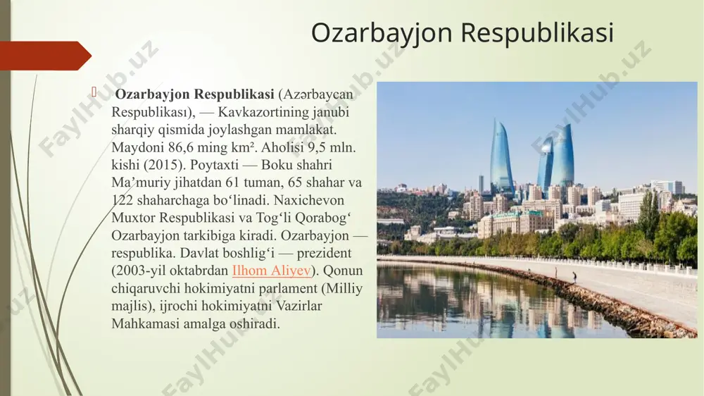 m, 32 ming km qattiq qoplamali. dengiz transportining ahamiyati katta. asosiy porti boku. boku — turkmanboshi dengiz paromi mavjud. kura daryosida kema katnaydi. boku-batumi va ali-bayramli — boku neft quvuri, qoratogʻ — akstafa, qoratogʻ — sumgait gaz quvurlari bor. bokuda metropoliten qurilgan. pul birligi — manat. oʻzbekiston — ozarbayjon munosabatlari — oʻzbekiston respublikasi va ozarbayjon respublikasi oʻrtasidagi davlatlararo munosabatlar asosini uzoq oʻtmishga borib taqaladigan mustahkam doʻstlik rishtalari va qardoshlik, madaniyatlar, tillar hamda anʼanalar mushtarakligi, qadim davrlardan buyon ikki mamlakat xalqlarini bogʻlab kelayotgan maʼnaviy va insonparvarlik qadriyatlarining umumiyligi tashkil etadi.avvalboshdanoq teng huquqlilik va konstruktivlik tamoyillari asosidagi hamda milliy manfaatlar va ustuvorliklar hisobga olingan holda qurilgan oʻzbekiston — ozarbayjon munosabatlari har ikki davlat mustaqillikni qoʻlga kiritganidan soʻng sifat jihatdan yuqori darajaga koʻtarildi va ular yanada oʻsuvchanlikni kasb etgani holda, yangi mazmun bilan boyidi. toshkentda ham, bokuda ham oʻzaro ishonch, bir-birini toʻgʻri tushunish hamda bir-birlarining manfaatlariga hurmat bilan qarash tamoyillari asosidagi munosabatlar yuqori …