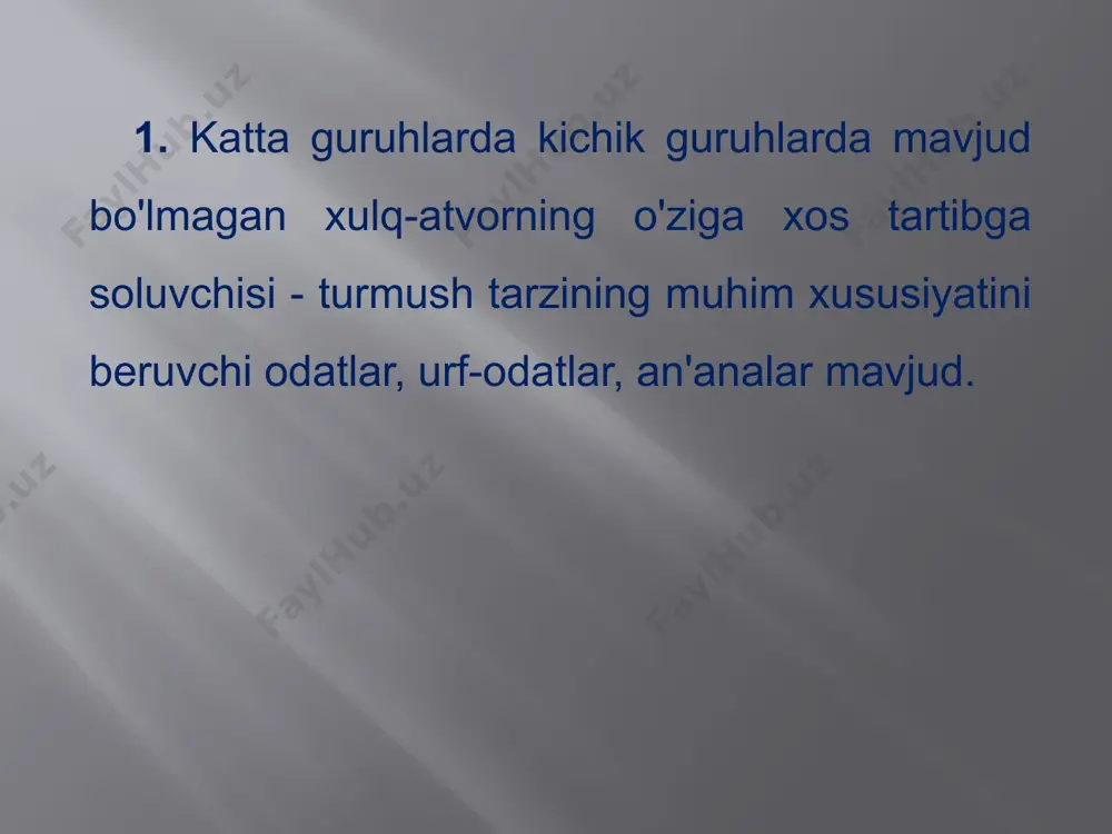 rlar); ko'rsatish (o'zini ko'rsatish). olomon birligi qonuni ( lebon ): hammaning tenglashuvi, odamlarning ruhiy ko'rinishlarning bir darajasiga tushishi, odamlarning bir xilligi mavjud. odamlar faqat ongsiz ravishda boshqariladi - instinktlar tomonidan ongli qism ishlashni to'xtatadi; tarkibidagi shaxslardan intellektual jihatdan past , u diqqatning tez o'zgarishiga moyil; olomondagi odam oddiy hayotdan ko'ra ko'proq tajovuzkor harakatlarni amalga oshirishga qodir, chunki. olomonda xiralashgan mavjud mas'uliyat masalalari; impulsivlik va emotsionallikning kuchayishi bilan tavsiflanadi. ushbu xususiyatlar namoyon bo'ladigan uchta asosiy mexanizm mavjud : anonimlik; shaxsning ma'lum ruhiy holatlarga ongsiz, beixtiyor ta'siri . infektsion ta'siri kuchayadigan alohida holat - vahima holati (bu odamlar massasida ma'lum bir hissiy holat sifatida yuzaga keladi, bu esa kasallikning natijasidir. ta'sir , yo taqchilligi yoki ortiqcha ma'lumot). 3. taklif - bir shaxsning boshqasiga yoki guruhga maqsadli asossiz ta'siri. 5.2. og'irligi - ko'proq ancha noaniq chegaralarga ega barqaror ta'lim. omma olomon kabi bir lahzalik shakllanish sifatida harakat qilmasligi mumkin, aholining ma'lum bir qatlamlari …