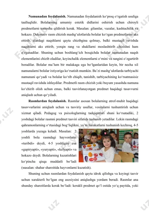 «gapiryapti», «yuryapti», «kelyapti» va hokazo deydi. bolalarning kuzatishlari ko‘pincha qisqa muddatli bo‘ladi (мasalan: shahar sharoitida hayvonlarni kuzatish). shuning uchun rasmlardan foydalanish qayta idrok qilishga va keyingi tasvir uchun xarakterli bo‘lgan eng asosiysini aniqlashga yordam beradi. rasmlar ana shunday sharoitlarda kerak bo‘ladi: kerakli predmet qo‘l ostida yo‘q paytida, yoki bo‘lmasa tekislikda tasvirlashning ayrim usullari bilan tanishtirish uchun xizmat qiladi. masalan: tarbiyachi bolalarga uzoqlashgan predmetni tushuntirish uchun rasmni ko‘rsatadi. hayotda bolalar shu uzoqdagi predmetlarni bir chiziqda joylashgan deb idrok qilsalar, rasmda tarbiyachi perdmetlarni uzoqlashganini ko‘rsatib, tushuntirib beradi, 6 yoshdan boshlab shu maqsad bilan rasmdan foydalanish mumkin. rasmni ko‘ra turib, bola yerni bir chiziq bilan emas, balki keng yer bo‘lagi bilan chizishni, uzoqlashayotgan predmetlar yuqoriroqda, yaqindagilari pastroqda va qog‘oz chetiga joylashishini tushunib yetadi. rasm mashg‘ulot davomida bolalar oldida qoldirilsa, bolalar tushunib yetmay nusxa ko‘chirishga o‘rganib qoladilar. bu yoshda esa, bolalar nusxa ko‘chirish bilan emas, balki ijod bilan rasm chizishlari kerak. ba’zida mashg‘ulot davomida …