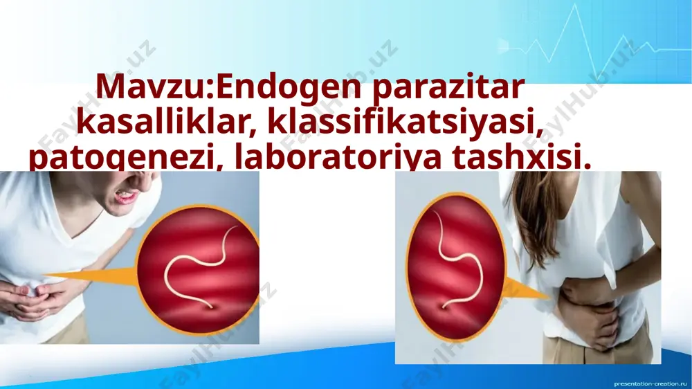 embrionga o'tadi (exinokokk, ankilostoma, protostrongilid va boshqalar). resperator yo'l bilan - nafas olish a'zolari orqali: trematodalarning-serkariylari. anal teshigi, kloaka orqali kirish: monogeniyalardan - polistoma integerrum. kon'yuktival zararlanish: yirik shoxli qoramollarni telyaziyalar bilan zararlanishi: thelaziidae. ona suti bilan zararlanish: dengiz cho'chqalarini eksperimental yo'l orqali askaridalar bilan zararlantirilgan, ularning sut bezlaridan askarida lichinkalari topilgan. prenatal zararlanish: turli parazitlar bilan ona qornidagi embrionni zararlanishi: 1676 yilda forman yangi tug’ilgan qo'zichoqlarning jigar o't yo'llaridan jigar qurtini topgan. ona organizmidagi embrionni jigar qurti lichnkalari bilan zararlanganligi ham kuzatilgan. trixomonada ichak trixomonadasi odamlarda xavfli kasalliklarni keltirib chiqarmaydi, lekin kolit kasalligini tezlashtiradi. ichak trixomonadasi ifloslangan ovqat yoki suv orqali yuqadi. ichak trixomonadasiga tashxis qo‘yish uchun mikroskop ostida bemor axlatini tekshirib, vegetativ shakllari aniqlanadi siydik-tanosil (qin) trixomonadasi keng tarqalgan. ular erkak va ayollaming siydik yoʼllarida parazitlik qiladi. kasallanish ayollarda 20 %, erkaklarda esa 15 % ni tashkil qiladi. siydik-tanosil (qin) trixomonadasi shaxsiy gigiyena qoidalariga rioya qilmaslik natijasida va …