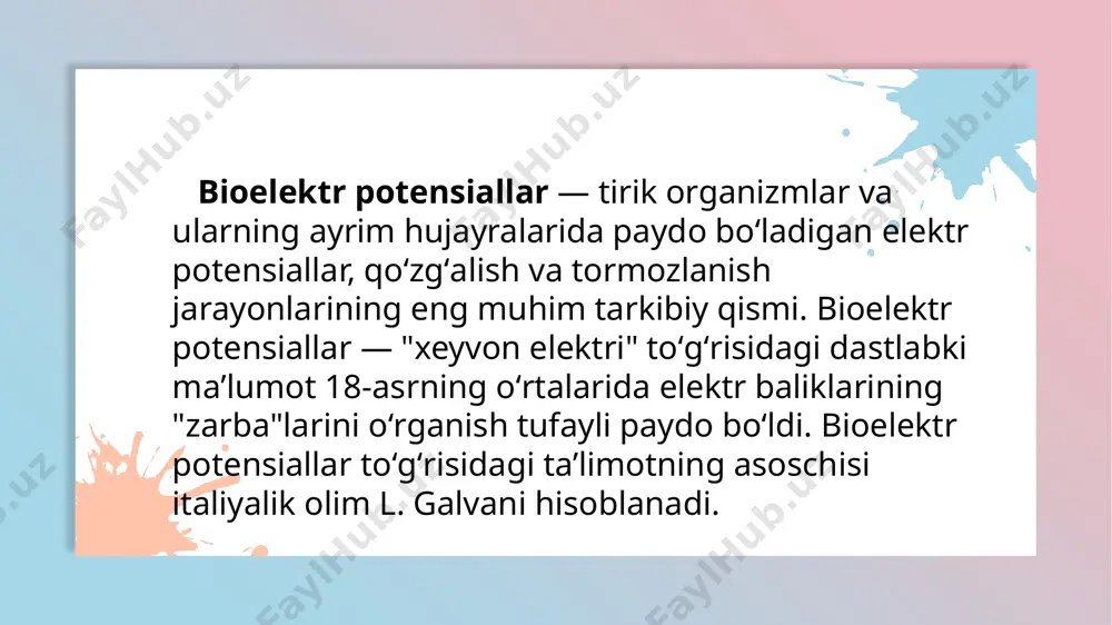 n, a.haqsli va b. kats 1947—52 yillarda harakat potensiali ion mexanizmini ochib berishdi. 5 hayvonlar bioelektr potensiallar ni oʻrganish tirik sistemalardagi fizikkimyoviy jarayonlarni tushunib olishda hamda diagnostikada (elektrokardiografiya, elektroensefalografiya, elektromiografiya va boshqalar) katta ahamiyatga ega. oʻsimliklar bioelektr potensiallar tabiatan hayvonlarnikiga oʻxshash boʻladi (e. dyubua raymon, 1882). d. ch. bos qoʻzgʻatuvchiga nisbatan bioelektr potensiallar va elektr javob qilish barcha oʻsimliklarga xos ekanligini koʻrsatadi (1926). bos tomonidan kashf etilgan juda sezgir oʻzi yozadigan galvanometrlar oʻsimliklarning "dastxati"ni, yaʼni qoʻzgʻatuvchiga nisbatan hosil qilinadigan maxsus elektr javoblarini olishga, fizik va kimyoviy taʼsirotga oʻsimliklarning elektr reakdiyasini oʻrganishga imkon berdi. iirik harasimon suv oʻtlari bioelektr potensiallar ning ion tabiatini oʻrganishda klassik obyekt hisoblanadi. 7 hujayraning qo`zg`alishi, hujayra ichidagi jarayonlarning boshqarilishi, nerv tizimining ishlashi va muskullar qisqarishining boshqarilishi asosida tirik to`qimalar va hujayralarda elektr potentsiallar hosil bo`lishi va ularning tarqalishi yotadi. hujayrada biopotentsiallar hosil bo`lishining mexanizmlarini mikroelektrodlar yordamida, biopotentsiallarni kuchaytirish va boshqa elektrofiziologik usullar yordamida o`rganiladi. 8 tinchlik …