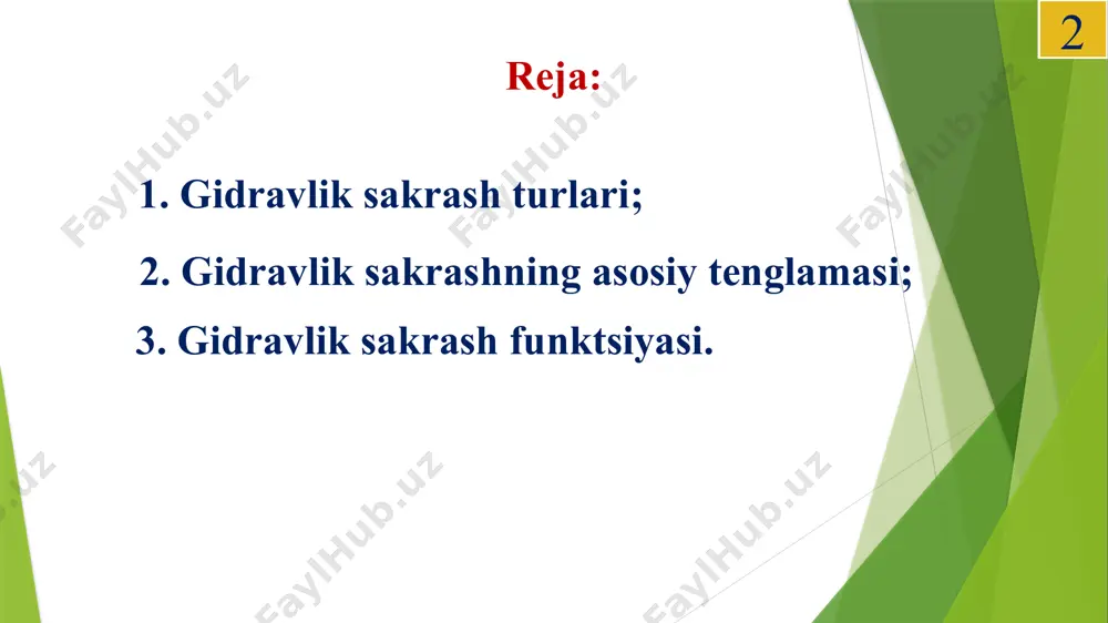 dravlik sakrash – koʼmilgan holatda: 12 gidravlik sakrashning asosiy tenglamasi harakat miqdorining oʼzgarishi haqidagi teorema: 13 1-1 va 2-2 kesimlar uchun: 14 15 gidravlik sakrashning asosiy tenglamasi. gidravlik sakrash funktsiyasi: 16 gidravlik sakrash funksiyasi grafigi 17 toʼgʼri toʼrtburchak shaklidagi kanallarda: 18 gidravlik sakrash uzunligi m.d.chertousov: 19 19 f.i.pikalova: n.n.pavlovskiy: safronets: b.baxmetov: 20 20 uyga vazifa: toʼgʼri toʼrtburchak kanaldagi gidravlik sakrashning ikkinchi tutashtiruvchi chuqurligini aniqlang. berilgan: n1 – guruh raqami, n2 – ismingizdagi harflar soni. 21 21 21 adabiyotlar 1. k.sh.latipov, a.m.arifjanov, x.kadirov, b.toshov “gidravlika va gidravlik mashinalar”, navoiy sh., alisher navoiy, 2014 y. -268b 2. k.sh.latipov, a.m.arifjanov, fayziev x “gidravlika”, toshkent, taqi, 2015 y. 459b. 3. t.kaletova, a.m.arifjanov “hydromechanika”, nitra, 2019y, -160 pages. 4. a.m.arifjanov, t.u.apakxujaeva. gidravlika (uchebnoe posobie). –tashkent. faylasuflar, 2019 g. -280s. 5. a.m.arifjanov, p.n.gurina, t.u.apakxujaeva “gidravlika”, toshkent, tiqxmmi, 2018g, -171 s. 6. a.m.arifjanov, q.t.raximov, a.k.xodjiyev, “gidravlika”. – toshkent, timi, 2016 y. -366 b. 7. a.m.arifjanov “gidravlikadan masalalar …