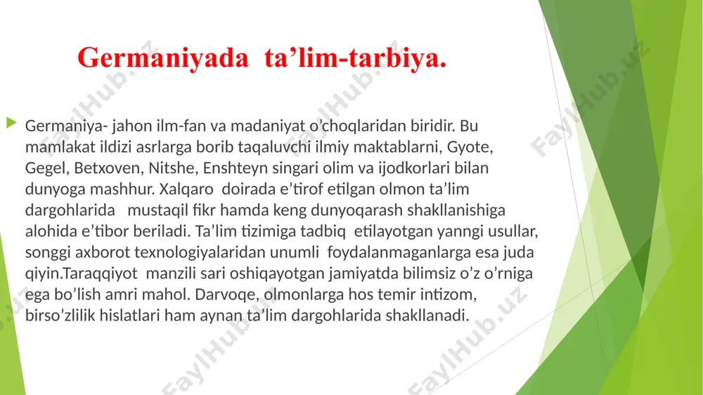 laganini mamnuniya bilan qayd etdilar. iii.2. adabiyot, san’at, fan va ta’lim sohasidagi o’zaro hamkorlik o’zbekistonda germaniya madaniyati kunlari va madaniy munosabatlarning rivojlanishi o’zbekiston milliy mustaqillikka erishganidan so’ng o’zbekistonda germaniya kunlari, germaniyada o’zbekiston kunlarini tashkil qilsh an’anaviy tus oldi. germaniya davlatining madaniy muassasa va tashkilotlari markaziy osiyo respublikalari bo’ylab madaniyat kunlarini o’tkazish an’anasini 1996 yil bahoridan boshlashdi. germaniya madaniyati kunlari doirasida juda ko’p tadbirlar o’tkazildi. bu tadbirlar san’atning musiqa, teatr, kino, ko’rgazmalar namoyishi, adabiyot, atrof-muhit mudofasi, sharqshunoslik va arxeologiyaga bag’ishlangan edi. madaniyat kunlari davomida german madaniyati san’ati va adabiyotining o’zbek muxlislari o’zlari uchun yangidan-yangi germaniyalik san’at ustalarini nomlarini kashf qilishdi. jumladan, musiqa sohasida michael schönheit, brass of the mo ving image ansambli, singer pur ansambli va boshqalarning faoliyatini misol qilib olishimiz mumkin. germaniya oliy o’quv yurtlari rektorlari konferenstiyasi bilan o’zbekiston universitetlari rektorlari kengashi o’rtasida munosabatlar o’rnatilgan. shunga ko’ra germaniyaning bonn, boxum, giesen, hamburg, berlin, frayburg universitetlari bilan o’zmu, o’zdjtu, arxitektura va …