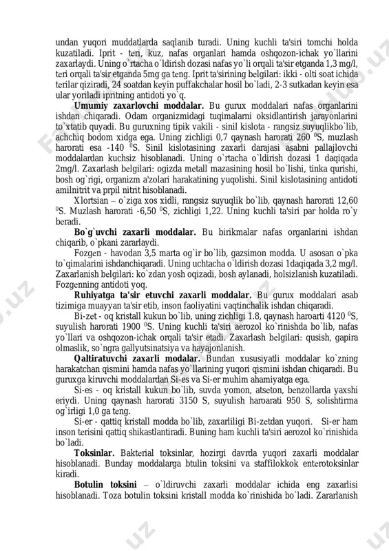 i. zarin - uchuvchan, zaxarli modda hisoblanib, zichligi 1,1 qaynash harorati 1580 0s, muzlash harorati esa -560 0s. u suvda va organik erituvchilarda yaxshi eriydi. zarin kuchli zaxarlovchi moddda bo`lib, uning o`rtacha o`ldirish dozasi 0,10 mg/l (1 daqiqa ichida). uning par holdagisi kuchli ta'sir etadi, ayniqsa, ko`z qorachigini tеz kichiraytirib yuboradi. zarrindan zaxarlanishning bеlgilari: nafas olishning og`irlashuvi, ko`krak qafasining og`rishi. vi-iks - yomon uchuvchan, suvda yomon, ammo organik erituvchilarda yaxshi eriydigan, zaxarli modda hisoblanadi. uning zichligi 1,1 qaynash harorati esa 3000 0s, muzlash harorati 500 0s. vi-iks tarqalgan joylarda turg`unligi: yozda - bir haftagacha, qishda esa bir oy va undan ko`p. uning kuchli ta'siri aerozolholda kuzatiladi. vi-iks nafas yo`llari, tеri, kiyim-kеchaklar orqali ham ta'sir etib, odamlarni kuchli zaxarlaydi. vi-iksning o`ldirish dozasi 1 daqiqa 0,01 mg, tеri orqali ta'sir etganda 7 mg/l ni tashkil etadi. zoman - xossalari jihatidan zarin bilan vi-iksni oralig`ida o`rinni egallab, suvda yomon eriydigan zaxarli modda. zaxarliligi …