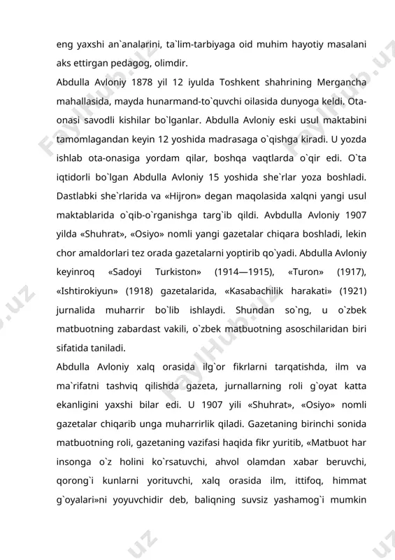 tning roli, gazetaning vazifasi haqida fikr yuritib, «matbuot har insonga o`z holini ko`rsatuvchi, ahvol olamdan xabar beruvchi, qorong`i kunlarni yorituvchi, xalq orasida ilm, ittifoq, himmat g`oyalari»ni yoyuvchidir deb, baliqning suvsiz yashamog`i mumkin bo`lmagani kabi insonning ham ilmsiz yashamog`i mumkin emasligini uqtiradi. xx asr boshlarida o`zbekistonning ijtimoiy-siyosiy hayotida pedagogik fikrlarning rivojida abdulla avloniy alohida o`rin egalladi, butun faoliyati davrida u o`z xalqiga xizmat qiladigan komil insonni yetishtirish, uning ma`naviyatini shakllantirishga alohida e`tibor berdi. abdulla avloniy o`zbek xalqning san`ati va adabiyoti hamda milliy madaniyatini, xalq ta`limi ishlarini yo`lga qo`yishda katta xizmatlar qilgan adib, jamoat arbobi va iste`dodli pedagogdir. abdulla avloniy o`zbek ziyolilari ichida birinchilardan bo`lib, o`zbek xalq teatrini professional teatrga aylantirish uchun 1913 yilda «turon» nomi bilan teatr truppasini tashkil qiladi. biroq bu truppaning professonal teatrga aylanishi uchun katta to`siqlar bor edi. chor hukumatining mustamlakachilik siyosati xalqning ijtimoiy ongining uyg`onishiga yordam ko`rsatuvchi teatrlarning barcha shakllariga qarshi edi. teatrga ana shunday salbiy munosabatda …
