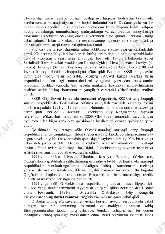dan aniq chora-tadbirlar belgilandi. ayni vaqtda rus tilini va respublikada yashovchi boshqa xalqlarning tillarini o’rganish uchun shart-sharoitlar yaratilishi lozim edi, tilni o’rganishning ixtiyoriyligi va uni tanlash huquqi qonunda belgilab qo’yildi. bu qonunning qabul qilinishi o’zbek xalqi, shu xalq milliy o’z-o’zini anglashining o’sishi, respublikada millatlararo hamjihatlikning saqlanib qolishi uchun juda katta ahamiyatga ega bo’ldi. davlat tili haqidagi qonun qabul qilinganidan so’ng milliy o’zlikni anglash, milliy davlatchilikni tiklash yo’lida respublikada yana bir tarixiy ahamiyatga ega bo’lgan muhim siyosiy qadam qo’yildi. 1990-yil 23-martda o’zbekiston kompartiyasi markaziy komitetining plenumida respublika siyosiy tizimi to’g’risidagi masala ko’rib chiqildi. unda o’zbekistonda hokimiyatning prezidentlik boshqaruvi shakliga o’tishi respublika suvereniteti va davlatchiligida mohiyatan yangi bosqich ekanligi ta’kidlandi. 1990-yil 24-mart kuni o’zbekiston ssr oliy sovetining xii chaqiriq 1-sessiyasi sssr doirasida birinchi bo’lgan siyosiy hujjatni - «o’zbekistonda prezidentlik boshqaruvi ta’sis etish to’g’risida»gi qarorni qabul qildi va o’zbekiston kompartiyasi mk birinchi kotibi islom abdug’aniyevich karimov o’zbekiston ssr prezidenti etib saylandi. shu tariqa, …