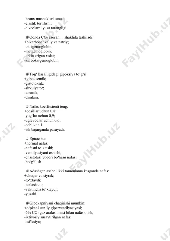 afas olish; -ixtiyoriy susaytirilgan nafas; -asfiksiya; -nafasni to‘xtashi. · natriy ko‘p qismi reabsorbsiyalanadi: +genle qovuzlog‘ining ko‘tariluvchi qismida; -yig‘uv naychalarida; -distal buralma kanalchalarda; -genle qovuzlog‘ini tushuvchi qismida; -proksimal buralma kanalchalard · diurez kuchayadi: +adg ishlanishi kamayganda; -gipertonik eritmalar kuyilganda; -vazopressinning sekretsiyasi oshganda; -aldosteron ortiqchaligida; -to‘g‘ri javob yo‘q. · nefron koptokchalarida filtratsion bosimning o‘rtacha miqdori (mm.sim.ust): +20; -50; -70; -100; -120. · buyrakni gomeostatik funksiyasiga xos emas: +eritropoezda ishtirok etish; -metabolizmda ishtirok etish; -prostoglandinlarni ishlab chiqarish; -qonni phni boshqarish; -limfopoezd. · buyrakda ishlanmaydi: +plazminogen; -renin; -urokinaza; -eritropoetinlar; -medulin. · aktiv issiqlik ishlab chiqaradigan organlar: +mushaklar; -miya; -m’eda ichak trakti; -yog‘ to‘qimalari; -tog‘aylar. · kimyoviy termoregulyatsiya yo‘li bilan amalga oshiriladi: +modda almashinuv intensivligini oshirish; -ter xosil kilish darajasini o‘zgartirish; -issiqlikni berish intensivligini o‘zgartirish; -tana yuzasidan issiqlik ajratish; -terni bug‘lanish. · issiqlikni chiqarishga imkon beradi: +ter ajralishi; -kiyim; -nafasni susayishi; -teri ostini yog‘ qatlami; -«g‘ujanak» bo‘lib yotish xolati. · fizikaviy termoregulyatsiyada ahamiyati bor: +o‘pka …
