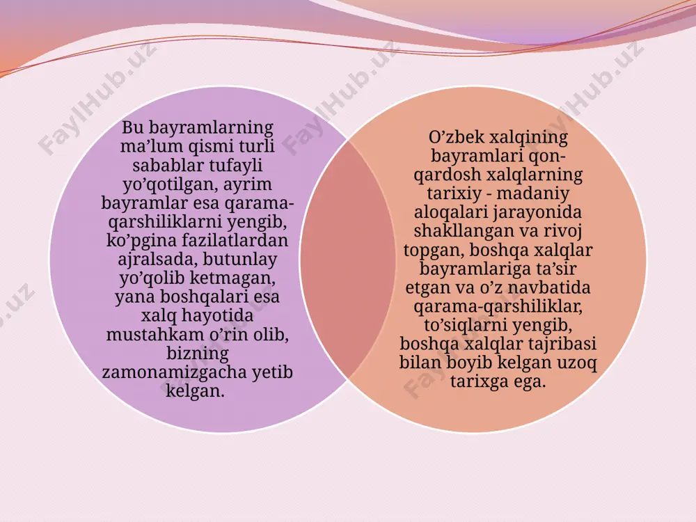 ttirilgan. so’ngi paleolit davrida (taxminan miloddan 40-41 ming yil avval) yer yuzining shimoliy qismida totemga oid "ayiq bayramlari" bo’lgan. o’rta osiyoda "ayiq o’yini" (pantomimik raqs sifatida) keyingi vaqtlargacha yetib kelgan. mexnat taqsimotining vujudga kelishi munosabati bilan qadimgi odamlarning chorvachilik va dehqonchilikka o’tishi (bu jarayon o’rta osiyoda miloddan oldingi iii ming yillik oxiri - ii ming yillik boshlariga to’qri keladi) ana shu yangi sohaga oid odat, marosim va bayramlarni vujudga keltira boshlagan. dehqonlarning hayotida eng quvonchli voqea - bu hosilni yiqish va yangi nozneo’matlarni tatib ko’rish jarayoni bo’lgan yil bo’yi kutilgan bunday jarayon, tabiiyki, dehqonlarda bayram kayfiyatini vujudga keltirgan. bundan ko’tarinki kayfiyatni harakatlarda aks ettirish maqsadida kishilar o’yinlar va marosimlarni tashkil qilgan. "mehnat o’yinlari" yaxshi kayfiyat, bayram holatini vujudga keltirgan. bronza davrilaridan boshlab o’troq dehqonchilikning vujudga kelishi va uning tez rivoj-lanishi natijasida bahorda mehnat mavsumiga kirishish, kuzda hosilni yiqib olish yakuniga baqishlangan bayramlar shu tariqa yuzaga kelib, ular yillar o’tishi bilan …