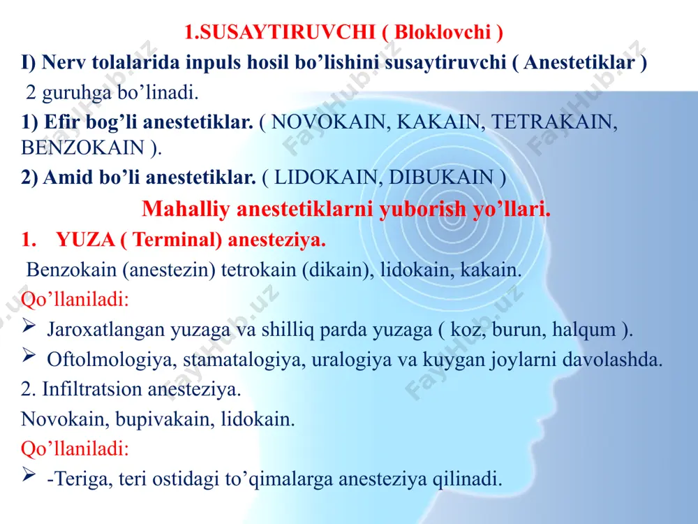 maydi dori vositasi ta’sirini kuchaytirush maqsadida ( mezaton va adrenalin qo’shiladi ). v/i yuborilganda markaziy nerv sistemasini bloklaydi va novakainli uyqu, novakainli narkoz yuzaga keladi. larengial yo’tal reflekslarini ham tormizlaydi shuning uchun ingalyatsion dorilar tasirini oshirishda ham ishlatiladi. periferik ta’sir : qon tomir va to’qimmalardagi intraretseptorlarni tormozlaydi,vegetative tomirlarni tugunlarni falajlab spazmalitik ta’sir ko’rsatadi. yurak o’tkazuvchi sistemasiga ta’siri sababli- sinokarotid, ashoff-tavar tugunchalarida inpelslar o’tishi pasayadi, miokardning bevosita qo’zg’aluvchanligi kamayadi. nojo’ya ta’siri : bosh aylanishi bosh og’rig’i terida toshmalar ko’ngil aynish va qusish sovuq ter bosishi qon bosimining pasayishi og’ir holatlarda: kolaps talvasa xuruji nafas to’xtashi. yordam ko’rsatish: yurak qon-tomir faoliyatini yaxshilovchi barbituratlar efedrin, strofantin, suniy nafas zarur holatlarda o’pka yurak reanimatsiyasi o’tqaziladi. lidokain : universal anestetik hissoblanadi novakainga nisbbatan bir oz zaharliroq anestetik xususiyati novakaindan 2,5 baravar kuchli ta’siri 2 baravar davomliroq. kuchli aritmiyaga qarshi ta’sir ko’rsatadi. nojo’ya ta’siri: ko’ngil aynishi uyquchanlik ko’rish xususiyatining pasayishi oyoq-qo’l titrashi yurak qon-tomir faoliyati buzulishi …
