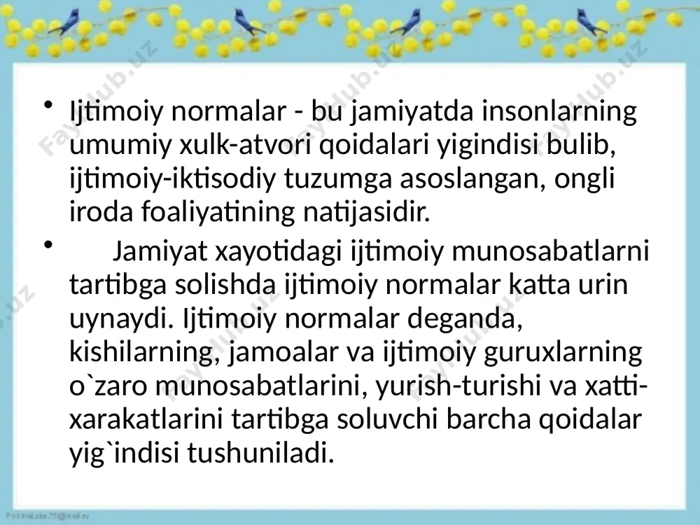 qoidalari, ya`ni fukarolarning о`rtasidagi munosabatlar qanday bо`lishini belgilaydi; b) umumiy xulk-atvor qoidalar sifatida muayyan xayot vaziyatlarida xarakatlarni belgilaydi; v) insonlarning ongli-xoxish foaliyati natijasida vujudga keladi; g) jamiyatdagi ijtimoiy-iqtisodiy tuzum bilan chambarchas bog`likligi, uning iqtisodiy bazisini /ustkurmasini/ belgilaydi. muxtasar qilib aytganda, inson yashar, faoliyat kо`rsatar ekan, xoxlaydimi, yо`qmi muayyan qoidalarga asoslanib yashaydi. uning hayotini tartibga solib turuvchi qoidalar ijtimoiy normalar deyiladi. har bir inson о`z hayotida huquq bilan aloqada bо`lib, huquq haqida о`z shaxsiy tasavvuriga ega bо`ladi. «umrida tabiatshunoslik va tarix masalalariga qiziqmagan insonni topish mumkindir, - deb ta`kidlagan edi rus huquqshunosi n.m.korkunov, - lekin hayoti davomida huquq masalasiga duch kelmay yashash hech aql bovar qilmaydigan ishdir. qanchalik odamovi bо`lmang, qanchalik odamlardan qochmang, siz huquqiy masalalarni chetlab о`tolmaysiz. hech bо`lmaganda bitta huquq, shaxsiy erkinlik huquqi sizni qiziqtirmasdan qolmaydi. odamlardan qochib bо`lsa-da siz ularga: bu yer mening shaxsiy mulkim, bu yerga bostirib kirishga haqqingiz yо`q, - deb aytishingiz kerak-ku" fikrlash jarayoni va …
