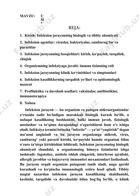 oyon qiladi, organizm esa immunologik va fiziologik javoblar orqali javob qaytaradi. infeksion jarayonning og‘irligi mikroorganizmning kuchiga, organizmning immun holatiga va tashqi muhit omillariga bog‘liq. ba’zi mikroblar organizmga kirganida darhol kasallik chaqiradi, boshqalari esa faqat immunitet zaiflashganda faollashadi (autoinfeksiya). infeksion jarayonning tibbiy ahamiyati shundaki, u kasallikni aniqlash, davolash va oldini olish strategiyalarini ishlab chiqishda asosiy mezon bo‘lib xizmat qiladi. yuqumli kasalliklar insoniyat tarixida eng ko‘p o‘limga sabab bo‘lgan holatlardan biri bo‘lib, zamonaviy tibbiyotda vaksinalar, antibiotiklar, immunomodulyatorlar va epidemiologik nazorat tizimlari aynan infeksion jarayonni chuqur tushunishga asoslanadi. shu sababli infeksion jarayon — bu nafaqat kasallik, balki organizmning biologik javobi, tibbiy muammo va ilmiy izlanish obyekti sifatida alohida ahamiyatga ega. infeksion agentlar — bu organizmga kirib, unda kasallik chaqiruvchi mikroorganizmlar bo‘lib, ular to‘rt asosiy guruhga bo‘linadi: viruslar, bakteriyalar, zamburug‘lar va parazitlar. har bir guruh o‘zining tuzilmasi, ko‘payish usuli, patogenlik darajasi va organizmga ta’sir mexanizmi bilan ajralib turadi. viruslar — bu eng oddiy, ammo …