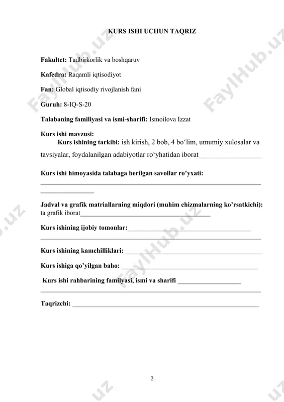 iga xos xususiyatlari ...........................................................................................................................11 ii.bob. rivojlanayotgan mamlakatlarda raqamli tizimning o‘rni va asosiy ijtimoiy-iqtisodiy xususiyatlari 2.1. rivojlanayotgan mamlakatlarning asosiy ijtimoiy-iqtisodiy xususiyatlari………………………………………………………………………….34 2.2. rivojlanayotgan mamlakatlarda raqamli tizimni o’rini va ahamiyati…………………………………………………....................37 kirish kurs ishining dolzarbligi: ushbu kurs ishinining asosiy vazifasi hozirgi iqtisodiy globallashuv jarayonini savdo erkinligi, kapital harakatchanligi va to’g’ridan to’g’ri xorijiy investitsiyalardagi asosiy elementlarini o'rganishdir. bu elementlarning natijasi mahalliy hukumat asosan dunyodagi eng qoloq davlatlar hukumatlari qanday qilib globallashuvga yondashishsi kerakligi haqidagi taklif va tanqidlar berilishiga yo'l ochadi.bu kurs ishining vazifasi empirik tarzda globallashuvning jamiyat uchun yaxshi va yomon taraflarini o'rganib, global integrallashuv jarayoniga to'g'ri yondashuvchi yo'lni topishda xizmat qilishdir. iqtisodiy globallashuv yangi hodisa emas 1870-1914-yillarda hozirgi ekspertlar globallashuv deb atovchi jarayonga start berilgan edi. bu jarayon tovarlar, xizmatlar va ishlab chiqarish vositalari eksport-importining yuqorilashi bilan birgalikda transport texnologiyalari yuksalishi bilan xarakterlanadi va iqtisodiy rivojlanishning yoyilishi va milliy iqtisodiy tizimlarning bir-biriga integratsiyalashuvi orqali xalqaro narxlarning va ish haqqining ko'tarilshiga zamin yaratdi. xix …