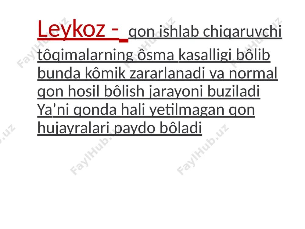 z turini aniqlash maqsadida blast hujayralarning metabolik faol fermentlari va substratlari bilan rangli reaksiyaga asoslangan. mieloperoksidaza, kislotali va ishqoriy fosfataza, nospetsifik esteraza, glikogen va lipidlarni aniqlash katta diagnostik ahamiyatga ega. sitoximik reaksiyalar blastlar identifikatsiyasi, hujayralarning yetilish darajasini va davolash taktikasini aniqlashga imkon beradi. sitoximik reaksiyalar qon tahlilida: anemiya. eritrotsit va gemoglabin kamayishi trombositopeniya trombotsitlar miqdorining kamayishi ( terida kôkarishlar shu sababdan kelib chiqadi) leykotsitopeniya, leykotsitoz, yoki leykotsitlar miqdori normada bôladi periferik qonda blast hujayralar kôpayadi 30 % gacha umumiy qon tahlili gemoglabin 65 g/l eritrotsit 2,4*10-12l echt 32 rang kôrsatgich 0,81 trombotsit 72*10-9/l leykotsit 24*10-9l leykoformuladagi ôzgarishlar blast hujayralar 64% segment yadroli neytrofil 6% ; tayoqcha yadroli neytrofil 0% monosit 3% limfosit 27% eozinofil va bazofil 0% xulosa : blast hujayralarning miqdori 64% bôlganlagi leykoz tashxisini tasdiqlaydi davolash poliximiyaterapiya ( bir vaqtda bir necha xil sitostatiklar qôllash) simptomatik davo choralari ( immunostimulyator terapiya , anemik sindromi davolashga qaratilgan chora tadbirlar, …