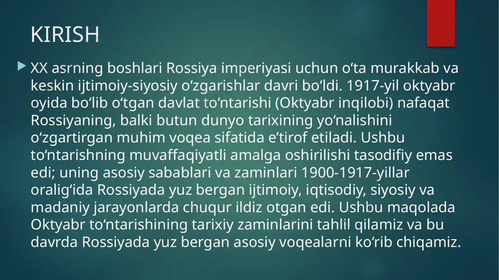 ng oqibatlari 1905-yil inqilobi oktyabr to‘ntarishining muhim zaminlaridan biri bo‘ldi. 1905-yil 9-yanvarda (qonli yakshanba) sankt-peterburgda tinch namoyishchilar imperator saroyi oldida otib tashlandi. bu voqea butun mamlakat bo‘ylab ommaviy noroziliklarni keltirib chiqardi. ishchilar ish tashlashlar uyushtirdi, dehqonlar yer egalarining mulklarini talon-taroj qildi va harbiy xizmatchilar orasida qo‘zg‘olonlar boshlandi (masalan, “potyomkin” jangovar kemasidagi qo‘zg‘olon). 1905-yil inqilobi natijasida nikolay ii ba’zi imtiyozlarga rozi bo‘ldi. 1905-yil 17-oktyabrda u “oktyabr manifesti”ni e’lon qildi, unda fuqarolik erkinliklari va davlat dumasi tashkil etilishi va’da qilindi. bu rossiyada konstitutsiyaviy monarxiyaga o‘tishning dastlabki qadami edi. ammo duma faoliyati cheklangan bo‘lib, imperator uni bir necha bor tarqatib yubordi. shu sababli, xalqning islohotlardan umidi so‘ndi va radikal harakatlar yanada kuchaydi. 1905-yil inqilobi davrida rossiyada siyosiy partiyalar qonuniylashdi. bolsheviklar (rsdrpning radikal qanoti, vladimir lenin boshchiligida), mensheviklar, sotsialist-revolyutsionerlar (srlar) va liberal partiyalar (kadetlar) faoliyat boshladi. bolsheviklar, ayniqsa, ishchilar sinfi orasida katta ta’sirga ega bo‘ldi va ularning radikal g‘oyalari (sotsialistik inqilob va proletariat diktaturasi) …