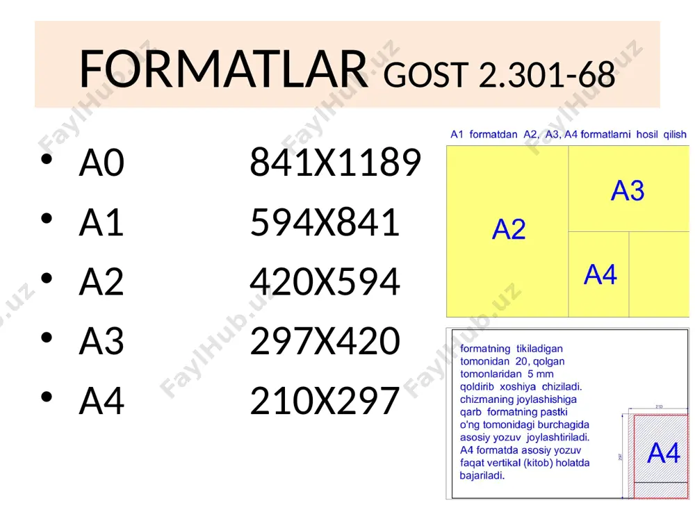 dalari gost 2.307-68 cizmalarda o’lchamlarning umumiy miqdori mumkin qadar kam, lekin buyumni tayyorlash va tekshirish uchun yetarli bo’lishi lozim. chiqarish chizig’i o’lcham qo’yiladigan kesmaga perpendikulyar, o’lcham chizig’i esa parallel qilib qo’yiladi. ba’zi hollarda o’lcham qo’yiladigan kesma bilan parallelogrmm hosil qilishi mumkin. asosiy chiziqdan birinchi o’lcham chizig’igacha kamida 6mm bo’ladi. parallel o’lcham chiziqlari orasidagi masofa kamida 6-10mm bo’ladi. chiqarish chiziqlari o’lcham chizig’idan 1-5 mm chiqib turishi kerak. parallel o’lcham chiziqlari qo’yilayotganda avval kichigi tasvirga yaqinroq qo’yiladi. o’lcham chiziqlari mumkin qadar kesishmasligi kerak. o’lcham qo’yilayotgan masofa 12 mm dan kichik bo’lsa strelka tashqariga chiqariladi. yassi detalning bir proeksiyadagi tasvirida qalinligini ko’rsatuvchi o’lcham soni oldiga lotincha s harfi qo’yiladi. uzun detalning bir proeksiyadagi tasvirida, uzunligini ko’rsatuvchi o’lcham soni oldiga lotincha ℓ harfi qo’yiladi. radius o’lchamini ko’rsatish uchun o’lcham soni oldiga lotincha bosh r harfi yoziladi. o’lcham chizig’i yoy markazidan chiqariladi. diametrni ko’rsatish uchun o’lcham soni oldiga ø belgisi yoziladi. kvadrat elementi kattaligini ko’rsatuvchi …