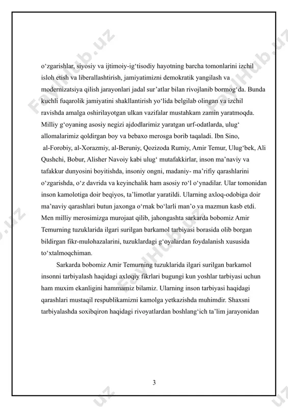 ijobiy fikrlarni aytish mumkin. shu mavzuni imkonniyat darajasida yoritish maqsadida kurs ishi mavzusi: “boshlang‘ich sinf o‘quychilarini tarbiyalashda amir temur o‘gitlaridan foydalanish” deb belgilandi. kurs ishini obekti: amir temurning pand nasixatlarida axloqiy tarbiya soxasida ilgari surilgan ta’limiy-tarbiyaviy g‘oyalardan foydalanib, boshlang‘ich sinf o‘quvchilariga ta’lim-tarbiya jarayonini tashkil etish. kurs ishining predmeti: amir temurning pand nasixatlaridan axloqiy tarbiyada foydalanib ta’lim-tarbiya berish mazmuni. kurs ishining maqsadi: kichik yoshdagi maktab o‘quvchilariga ta’lim-tarbiya berishda temur tuzuklaridan foydalanish imkoniyatlarini aniqlash, undan foydalanishning shakil va usullarini ishlab chiqish. kurs ishining vazifalari: l. amir temurning xayotiy va ijodiy faoliyatini yoritish. 2. amir temurning tuzuklarida ilgari surilgan, ta’limiy-tarbiyaviy g‘oyalarni yoritish. 3. tarbiyaviy tadbirlar jarayonida tuzuklardan foydalanish shakllarini asoslash. 4. amir temur tuzuklarida foydalanishda o‘qituvchining ijodiy maxoratini yoritish. kurs ishining amaliy axamiyati, shundan iboratki, unda ilgari surilgan g‘oyalardan amaliyotchi o‘qituvchilar ta’lim-tarbiya jarayonida keng foydalanishlari mumkin. kurs ishi: kirish, iii bob, 6 fasl, xulosa va foydalanilgan adabiyotlar ro‘yxatidan iborat. i bob. amir temur …