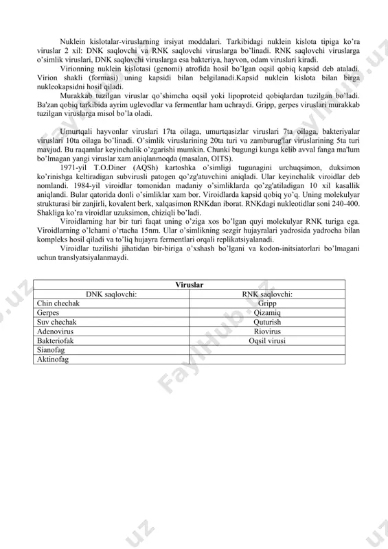 olish ehtimolligi soni ortadi. mutatsiya hosil qilish jarayonida ultrabinafsha, rentgen, gamma nurlaridan, ba’zida kimyoviy moddalardan ham foydalanish mumkin. lekin bu uslubning ham kamchiliklari mavjud, ya’ni bunda tadqiqotchi mutatsiya natijasida hosil bo`lgan mikroorganizimlar xususiyatlarini oldindan taxminiy bilib bo’lmaydi va faqat oxirgi natija asosida xulosa chiqaradi, chunki mutatsiya jarayonining o`zgarishiga og`ir metal ionlarining mikrorganizmlar, bakteriyalar hujayrasiga singishi yoki hujayradan ionlaming chiqarib yuborilishiga bog`liq bo`lishi mumkin. biotexnologiya ob'ektlariga viruslar, bakteriyalar, zamburug'lar-mikromitsetlar va makromitsetlar, sodda organizmlar, o'simlik, hayvon, inson to'qima va hujayralari, shuningdek biogen va funktsional jihatdan ularga o'xshash bo'lgan moddalar kiradi. biotexnologik ob'ektlar hujayra va to'qimalar yoki ularning birlamchi, ikkilamchi metabolitlari bo'lishi xam mumkin. ma'lum biomolekulani biotexnologik ob'ekt sifatida ishlatilganda xam uning dastlabki biosintezi uchun aynan shu biomolekulaga to'g'ri keladigan hujayradan foydalaniladi. shuning uchun, biotexnologik ob'ektlarni 3ta katta guruhga ajratish maqsadga muvofiq bo'ladi: 1. mikroorganizmlar 2. o'simliklar 3. hayvonlar tirik organizmlarni majoziy ma'noda ixcham, murakkab, iqtisodiy tejamkor, o’z-o’zini boshqara oladigan, barqaror va faol …
