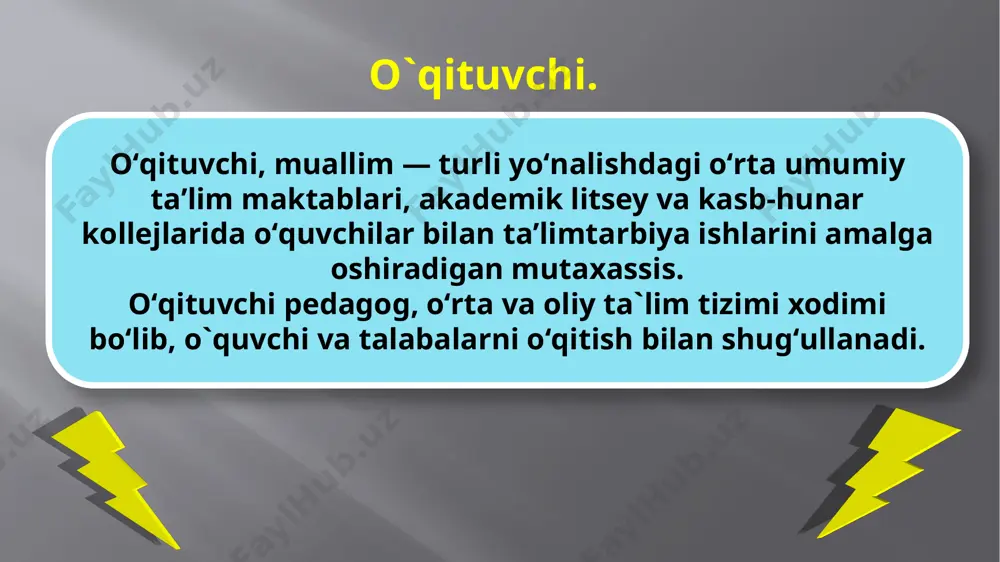 talablariga muvofiq moslashishi va o'zgarishi kerak. o'qituvchi ......... talabalar uchun do'stona va o'quv imkoniyatlarini maksimal darajada kengaytirishga yordam beradigan sinflarni tashkil qiladi. o'qituvchi ......... yashash uchun jadval to'g'ri yoki yo'qligini hal qilish. ular, shuningdek, yashash joyidagi jadvalga o'zgartirish kiritish kerakligini ham belgilashlari kerak “o'qituvchi muntazam ravishda fan bilan shug'ullanmog'i lozim. aks holda и qurigan daraxt va toshga o'xshab qoladi. qurigan daraxt va tosh meva bera olmaganidek, kelajakda bunday о 'qituvchidan hech qanday natija kutib bo ‘imaydi ” adolf disterverg o'qituvchi kasbining xususiyatlaridan biri uning jamiyatda o'rgatuvchi, ustoz deb belgilanishidir. o'qituvchi jamiyat o'sib kelayotgan shaxs o'rtasidagi vositachisidir. shuning uchun ham o'qituvchi jamiyatda eng qiyin jarayonni boshqaradi-bu shaxsni shaqllanishi jarayonidir. bu jarayonni qiyinligi tarbiyalanuvchi shaxsning o'zgaruvchanligidadir. mustaqillikka erishilgan kundan boshlab, maktablarga o'qituvchi murabbiylarga ularni moddiy ma'naviy rag'batlantirish, yordam berish masalalariga e'tibor kuchaytirildi. chunki o'qituvchi mehnatini hech narsaga tenglashtirib bo'lmaydi. har kim ham bu kasbning egasi bo'la olmaydi, o'qituvchi bo'lib faqat shu kasbning …