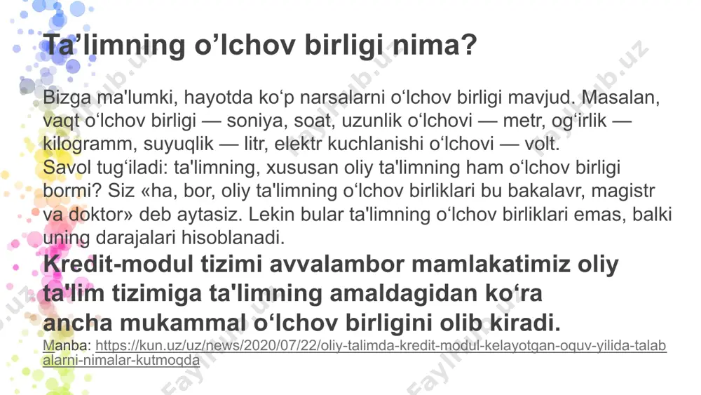 zoni (xorijiy til fani) plagiatdan qochish (ko’chirmachilik qilmaslik)! plagiat - bu qasddan boshqa shaxsning ishini o'ziniki deb da'vo qilish yoki boshqa birovning ishi o'ziniki ekanligini ko'rsatish (ma'lumotnomadan noto'g'ri yoki noto'g'ri iqtiboslar orqali). talabalar: • maqolalar yoki loyihalarning asosiy komponenti sifatida boshqa manbadan matnning butun qismlarini nusxa ko'chirmaslik kerak. • matnlar, maqolalar, intervyular yoki veb-saytlarning kichik qismlarini to'g'ridan-to'g'ri iqtibos qilishda asarning nomi, muallifi, sahifa raqami/veb-sahifasi manzili va nashr sanasini aniqlash kerak. • matnlar, intervyular, maqolalar yoki veb-saytlardagi fikrlarni takrorlashda (qayta aytishda) ma'lumot manbasini to'g'ri aniqlashi kerak. kredit modul sistemasida talabalar bilimini nazorat qilish va baholash uchun tavsiya qilinadigan topshiriqlar va ularni baholash mezoni ro’yhati topshiriq nomi: tanqidiy mulohaza muhokamasi/yozish (critical reflection writing) topshiriqning tasnifi: topshiriqning tasnifi: ushbu topshiriq uchun siz semestr davomida 0 marta onlayn/yozma tanqidiy mulohaza yozishingiz kutiladi. siz har bir savolga o'zingiz javob berishingiz kerak. bu mulohazalar mantiqiy tartibga solinishi, kuzatish oson va faktlar, nazariya va tajribalar bilan tasdiqlanishi …