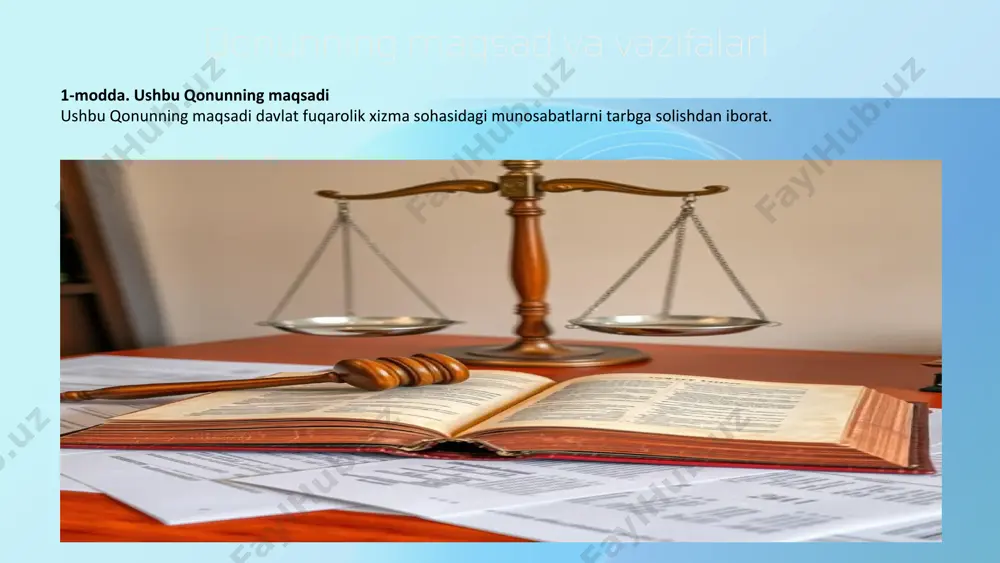 tbiq etiladi. ushbu qonunning amal qilishi: o‘zbekiston respublikasi prezidentining, o‘zbekiston respublikasi oliy majlisi qonunchilik palatasi deputatlarining va senati a’zolarining, qoraqalpog‘iston respublikasi jo‘qorg‘i kengesi hamda boshqa mahalliy davlat hokimiyati vakillik organlari deputatlarining, o‘zbekiston respublikasi oliy majlisi qonunchilik palatasi va senati devonlari xodimlarining, o‘zbekiston respublikasi markaziy saylov komissiyasi a’zolarining, sudyalarning va sud tizimi xodimlarining, o‘zbekiston respublikasi markaziy banki boshqaruvi a’zolarining, prokuratura, ichki ishlar, mudofaa ishlari, favqulodda vaziyatlar, o‘zbekiston respublikasi milliy gvardiyasi, davlat bojxona xizmati, davlat xavfsizlik xizmati va o‘zbekiston respublikasi prezidenti davlat xavfsizlik xizmati organlarida xizmatni o‘tayotgan davlat xizmatchilarining, shu jumladan harbiy xizmatchilarning; davlat organlarining texnik, ishlab chiqarish va xizmat ko‘rsatish xodimlarining faoliyatiga nisbatan tatbiq etilmaydi. ushbu qonunning 24 va 43-moddalari diplomatiya xizmati xodimlariga nisbatan tatbiq etilmaydi. ushbu qonunning 43-moddasi o‘zbekiston respublikasi markaziy banki xodimlariga nisbatan tatbiq etilmaydi. prinsplari 5-modda. davlat fuqarolik xizmatining asosiy prinsiplari davlat fuqarolik xizmatining asosiy prinsiplari quyidagilardan iborat: davlat fuqarolik xizmati tizimining yagonaligi va barqarorligi; qonuniylik; adolatlilik; xalqqa …