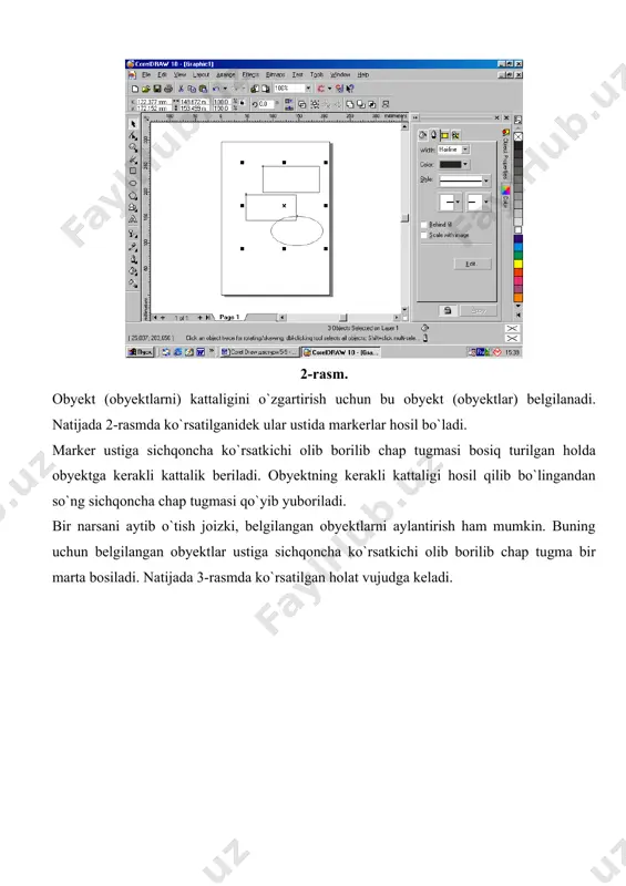 ynani quyidagicha hosil qilish mumkin: obyekt ustiga sichqoncha ko`rsatkichi olib borilib, o`ng tugmasi bosiladi, chiqqan buyruqlar ichidan-properties buyrug’i tanlanadi. (7-rasm)) objekt properties 7-rasm. - objekt properties oynasida mavjud bo`lgan tugma, bu tugma yordamida obyektlar ichki qismiga fon berish mumkin. bu tugma bosilgandan so`ng, qo`shimcha tugmalar hosil bo`ladi: (uniform fill)-obyektlarga bir xil rang berish imkonini beradi. (fountain fill)-obyektlarga ikki turdagi ranglar, va ranglar shtrixovkalarini beradi. (pattern fill)-har xil ko`rinishdagi tayyor fonlarni tanlash imkonini beradi. (texture fill)- har xil ko`rinishdagi tayyor fonlarni tanlish imkonini beradi. (postckript fill)-tayyor fonlarni tanlash imkonini beradi. (no fill)-ichki rangni yo`q qiladi. o`quvchilar corel draw dasturida kontur parametrlarini berish va ularni boshqarishning har xil usullarini bilishlari muhim ahamiyatga ega. shuning uchun kontur tushunchasiga bog’liq ayrim tushunchalarni yoritb o`tamiz: qalinlik-kontur, ya’ni chegara (chegara chizig’i) qalinligi tushunilib, uning o`zgartirishning usullarini yuqori punktda gapirib o`tilgan edi. ko`rinish-kontur ko`rinishi, ya’ni chiziq tipi tushuniladi. rang-chegara rangi tushuniladi. nakonechniklar-chiziq (chegara) oxirgi nuqtalar ko`rinishi tushuniladi. …