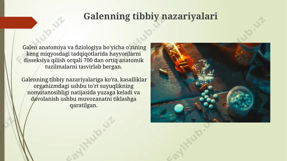 lari qo'llanilgan. klaudiy va galenning munosabatlari klaudiyning tibbiy bilimlarni tartibga solish va klassifikatsiya qilishdagi sa'y-harakatlari galenning asarlari va nazariyalariga tayangan holda amalga oshirilgan, bu esa galen ta'sirining chuqurligini ko'rsatadi. klaudiy galenniyning 130 dan ortiq tibbiy asarlarini yig'ib, tarjima qilish va saqlashda muhim rol o'ynagan, bu esa keyinchalik tibbiyot rivojiga katta hissa qo'shgan. zamonaviy tibbiyotga ta'siri klaudiy galenning asarlari zamonaviy nevrologiya, fiziologiya va anatomiyaga asos bo‘lib xizmat qilgan, 1500 yildan ortiq vaqt davomida tibbiyot talabalari tomonidan o‘rganilgan. galenning anatomik rasmlari va tavsiflarining aniqligi zamonaviy tibbiy tasvirlash texnologiyalari (masalan, mrt, kt) rivojlanishiga turtki bo‘lib, diagnostika aniqligini 10-20% ga oshirishga yordam berdi. tibbiy davolanish usullari galen davolanish usullarida 170 dan ortiq dorivor o'simliklar va ularning ekstraktlarini qo'llagan, bu davr uchun juda katta raqam edi. tibbiyotda "to'rtta kayfiyat" nazariyasi – qon, balg'am, sariq va qora safro muvozanatini saqlash orqali kasalliklarni davolashga asoslangan. galen kim edi? uning anatomik va fiziologik nazariyalari, taxminan 200 ga yaqin …