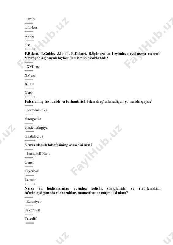 safa qachon yuzaga kelgan? ==== miloddan avvalgi vii-vi asrlarda ==== miloddan avvalgi v asrlda ==== milodiy iii asrda ==== milodiy vii asrda +++++ inson tomonidan anglab yetilgan voqelik qonunlarining ongimizdagi in’ikosi nima hisoblanadi? ==== fan qonunlari ==== tabiat qonunlari ==== falsafa qonunlari ==== ilmiylik qonunlari +++++ gnoseologiyaning asosiy muammosi qanday? ==== bizning barcha bilimlarimiz tajribada sinalganmi degan masalani yechish ==== tabiatni o‘rganish ==== tushunishni o‘rgatish ==== tushuntirishni o‘rgatish +++++ xudoga, uning mohiyatiga dunyoning birinchi sababi va asosi sifatida yondashish o‘rta asrlar falsafasiga xos bo‘lib, u qanday nomlanadi? ==== teosentrizm ==== geleosentrizm ==== geosentrizm ==== monizm +++++ yangi davr falsafasida faylasuflarni qiziqtirgan asosiy masala nima edi? ==== ontologiya va gnoseologiya ==== mifologiya va gerantalogiya ==== tanatalogiya va germenevtika ==== sinergetika va epistemalogiya +++++ geografik determenizmning asoschisi qaysi faylasuf? ==== sh.l.monteskiye ==== t.gobbs ==== d.yum ==== j.o.lametri +++++ faqat mazkur obektga xos bo‘lgan xossalarni ifodalovchi kategoriya qanday ataladi? ==== yakkalik ==== umumiylik …