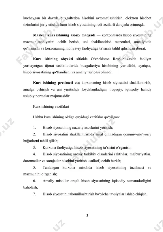 etilish gʼoyat muhim ahamiyatga ega hisoblanadi. korxona va tashkilotlarda buxgalteriya hisobi sodir boʼlayotgan xoʼjalik jarayoni hamda muomalalarni kuzatib va qayd etib olmasdan ishlab chiqarish rejasining bajarilishi ustidan nazoratni amalga oshirib borib rejalashtirish, nazorat qilish va iqtisodiyotni boshqarish ichida asosiy vazifalarni bajaradi. shu boisdan ham hisob ishlarini tashkil qilish masalalariga katta eʼtibor qaratiladi. hozirgi kunda buxgalteriya hisobi ishlarini tashkil qilishga qoʼyilgan eng asosiy talab – bu uning kam harajatli va sodda boʼlishligidir. korxonada hisob ishlari ana shunday tashkil etilgandagina, buxgalteriya hisobi yuqori samaraga hamda yaxshi natijalarga erishi mumkin. buning uchun esa eng avvalo har bir korxonaning oʼziga xos tarmoq xususiyatlarini va boshqa jihatlarini chuqur oʼrganish lozim. har bir korxonada tashkil etilgan buxgalteriya hisobi xoʼjalik faoliyati jarayonida sodir boʼlayotgan xoʼjalik muomalalarini uzluksiz kuzatish, kuzatish natijalarini son koʼrsatkichlarida ifodalash, keyin ularni yoppasiga maxsus hujjatlarda aks ettirishni taʼminlash lozim. shu bilan birgalikda korxona biznes rejasini va kelgusidagi strategik dasturlarini tuzishda kerakli maʼlumotlar bilan taʼminlashi …
