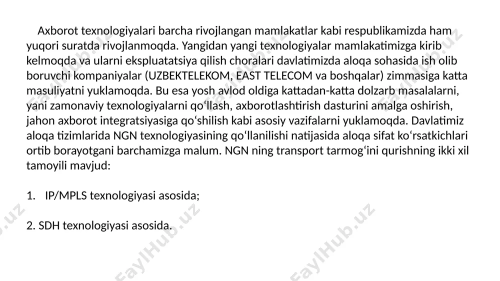 blarning mavjud emasligi bilan xarakterlanadi.bunday trafikga, ip protokollari paketi misol bo‘lishi mumkin. avvalo, to‘rt turdagi xizmatlar, atm ning moslashuv protokollari bilan mos kelgan. keyinchalik, aal3 va aal4 protokollari aal3/4 protokollariga almashtirildi. lekin ular samara bermadi va natijada seal oddiy samarali moslashuvchi protokolni yaratilishiga olib keldi.bu protokol qabul qilingandan keyin atm forumi unga aal 5 deb nom berdi. 3.atm va osi sathlarining aloqasi. atm protokollari steki quyidagi:atm moslashuvi va fizik sathlarga ajraladi.atm moslashuv sathi konvergensiyaning ikki pastki sathga bo‘linadi:segmentlash va qayta tiklash.atm moslashuv sathi,foydalanuvchi ilovalari va atm sathi orasidagi interfeys hisoblanadi va ilovaning turli to‘rt guruhini qo‘llab-quvvatlashni taminlaydi. buni 5-rasmda ko‘rishimiz mumkin. 5-rasm. atm protokollari steki. barcha protokollar bir xil pastki (sar) tizimni qo‘llaydi,lekin protokolning har bir turi o‘zining shaxsiy maxsus pastki (cs) sathini qo‘llaydi. konvergensiya pastki (cs) sathi, keyinchalik sar sathini taqdim etish uchun xizmat axborotlarini qo‘shish hisobiga ,undan yuqori sathlardan malumotlarning protocol modulini oladi va uni moslashuviga javob beradi.chunki …