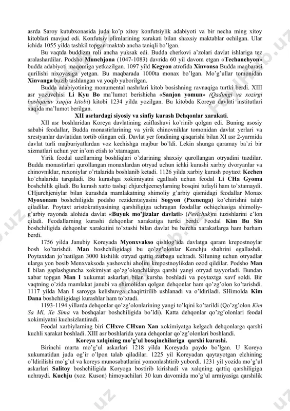 on tomonidan qattiq qarshilikga uchraydilar. shimoli rayondagi koryo askarlari 1019 yilda kidanlarga qattiq zarba beradi. ular o’rtasida sulh tuzilib koryo hukmdori tomonidan lyao kidan imperiyasini tan oladi. koryoning xi-xii asrlarda ijtimoiy ravnaqi. madaniyat. mamlakatning birlashishi va kidanlar bilan ittifoq koreyaning iqtisodini rivojlanishiga, qishloq xo’jaligi va xunarmandchilikning gullab-yashnashiga olib keldi. kidanlar tomonidan buzib tashlangan viloyatlar yana taraqqiy eta boshladi. x11 asr boshlarida xitoy sayyoxi syuy tszin dehqonchilikning karyo buyicha keng tarqalganligidan guvohlik beradi. uning guvohligicha xatto tog’li zonalarda ham sholi ekilgan. davlatning iqtisodiy asosini dehqonlarning mehnati tashkil etgan. dehqonlar yuridik holatiga qarab 2 ga bo’lingan. uning kata qismi yanin «yaxshi odam»larga qarardi, ular oddiy ozod,davlat yerlarida ishlovchi odamlar edilar. ikkinchi qismi esa chxonin (yomon yoki yaramas) kishilarga bo’lingan. ular ozod emas edilar. ular bo’ysunuvchi dehqonlar hisoblangan. dehqonlar renta-solig’ini to’lar davlat ishlarini o’tar, harbiy xizmatni o’tar edilar. yer solig’i 1 10 dan 1 11 gacha hosildan to’lanar, ko’p vaqtda uning hajmi ko’payar …