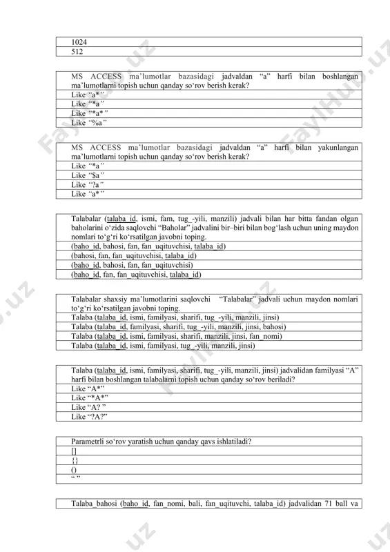ementli tuzilma ko‘rinishi daraxtni eslatuvchi qurilma elektron darsliklarni yaratishda matnni qaysi formatda saqlaymiz? .html .tat .doc .pdf elektron pochta (e-mail) manzilini to‘g‘ri ko‘rsating? kitob.bor@gmail.com gmail.com@kitob kitob@gmail-uz.com kit@ob.gmail.com foydalanuvchi bilan kompyuter o‘rtasidagi muloqotni ta’minlab beruvchi vosita nima deb ataladi? operatsion tizim dastur ms dos windows gmail.com saytidan ro‘yxatdan o‘tgandan so‘ng foydalanuvchi uchun qancha joy ajratiladi? 15 gbayt 10 gbayt 14 gbayt 13 gbayt google qidiruv tizimida fayllarni izlash uchun qaysi kalit so‘z yoziladi? filetype alltype file key(file) google tizimining qaysi ilovasi webinar tashkil etishga yordam beradi? google hangouts google docs google form google disc idoralar rеsurslari yoki axborot tizimlari orqali yuridik va jismoniy shaxslarga xizmat ko‘rsatish turi qanday nomlanadi? intеraktiv davlat xizmatlari davlat xizmatlari tеlеkommunikatsiya xizmatlari intеrnеt xizmati internet ftp xizmati bu: internet tarmog‘i orqali fayllarni uzatish fayllarni ixchamlash xizmati fayllarni saqlash xizmati fayllarni qidirish xizmati internet usenet bu- telekonferensiya xizmati pochta xizmati internet foydalanuvchilari xizmati chat xizmati internetda web-sahifani ko‘rish …