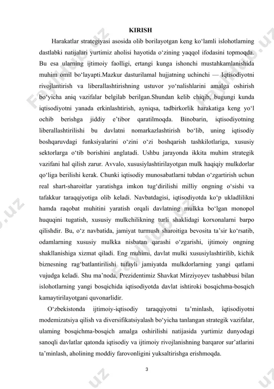 jadal rivojlantirish va yaimning barqaror o‘sish sur’atlarini ta’minlash vazifalari qo‘yildi. o‘zbekiston respublikasining kelajakda mamlakatni yana-da rivojlantirishga mo‘ljallangan strategik vazifalarida “2030-yilga borib mamlakatimizda yaim hajmini kamida 2 barobar oshirish...” masalasining qo‘yilishi va prezident shm.mirziyoyevning - “makroiqtisodiy barqarorlikni yana-da mustahkamlash va iqtisodiy o‘sishning yuqori sur’atlarini saqlab qolish - eng muhim ustuvor vazifamizdir” - deb ta’kidlashlaridan hamda “2017-2021-yillarda o‘zbekiston respublikasini rivojlantirishning beshta ustuvor yo‘nalishi bo‘yicha “harakatlar strategiyasi”da “...yalpi ichki mahsulotning yuqori o‘sish sur’atlarini ta’minlash”4 5 vazifasining belgilab qo‘yilishi respublikada ijtimoiy-iqtisodiy taraqqiyotni ta’minlash naqadar dolzarb masalalardan ekanligi ko‘rinib turibdi. i bob ijtimoiy - iqtisodiy tizimlar va ular to`g`risidagi nazariyalar 1.1. ijtimoiy-iqtisodiy taraqqiyot bosqichlariga oid turli yondashuvlar. iqtisodiy tizim - iqtisodiy mahsulotni ishlab chiqarish, taqsimot, ayirboshlash va isteʼmol jarayonida paydo boʻladigan asosiy iqtisodiy munosa-batlarning shakl va mazmunini belgilab beradigan, mamlakatda tarixan paydo boʻlgan yoki joriy etilgan, amal qiladigan tamoyillar, qoidalar, qonun yoʻli bilan mustahkamlangan normalar majmui. iqtisodiy tizimlar doirasida iqtisodiyot subʼyektlari, ishlab chiqarishni omillari oʻzaro …